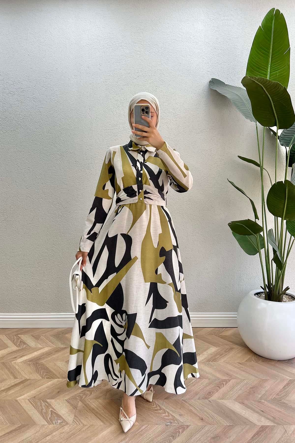 Bel Bağlamalı Desenli Elbise Yeşil