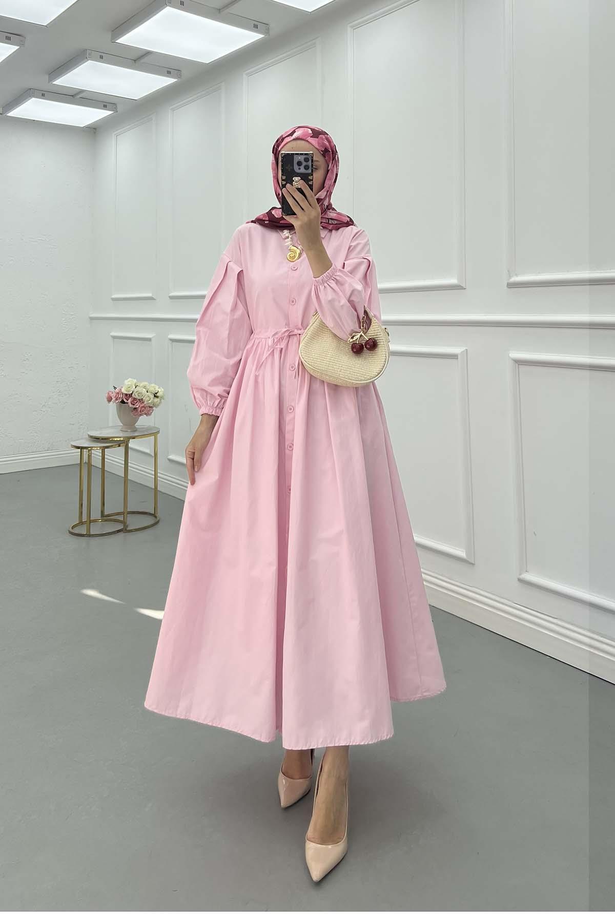 Bel Büzgülü Elbise Pembe