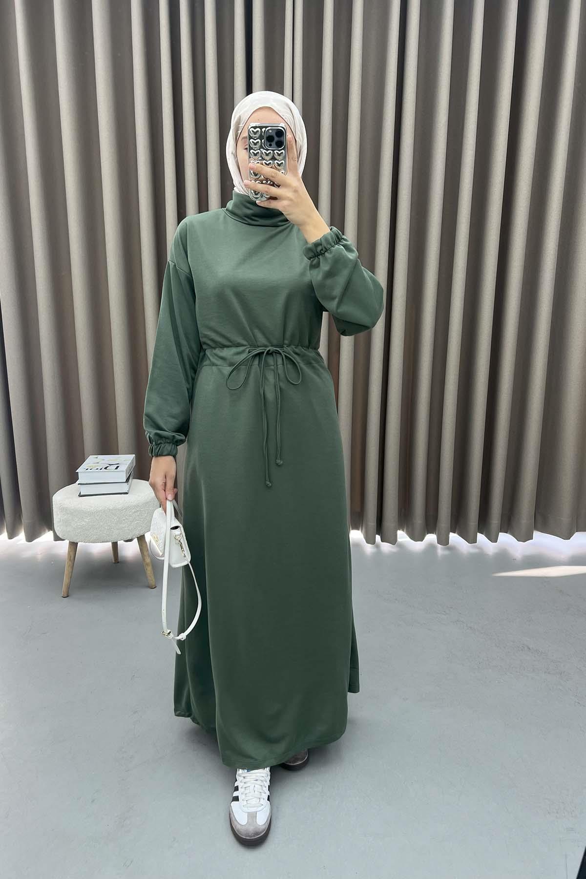 Bel Büzgülü Sweat Elbise Haki