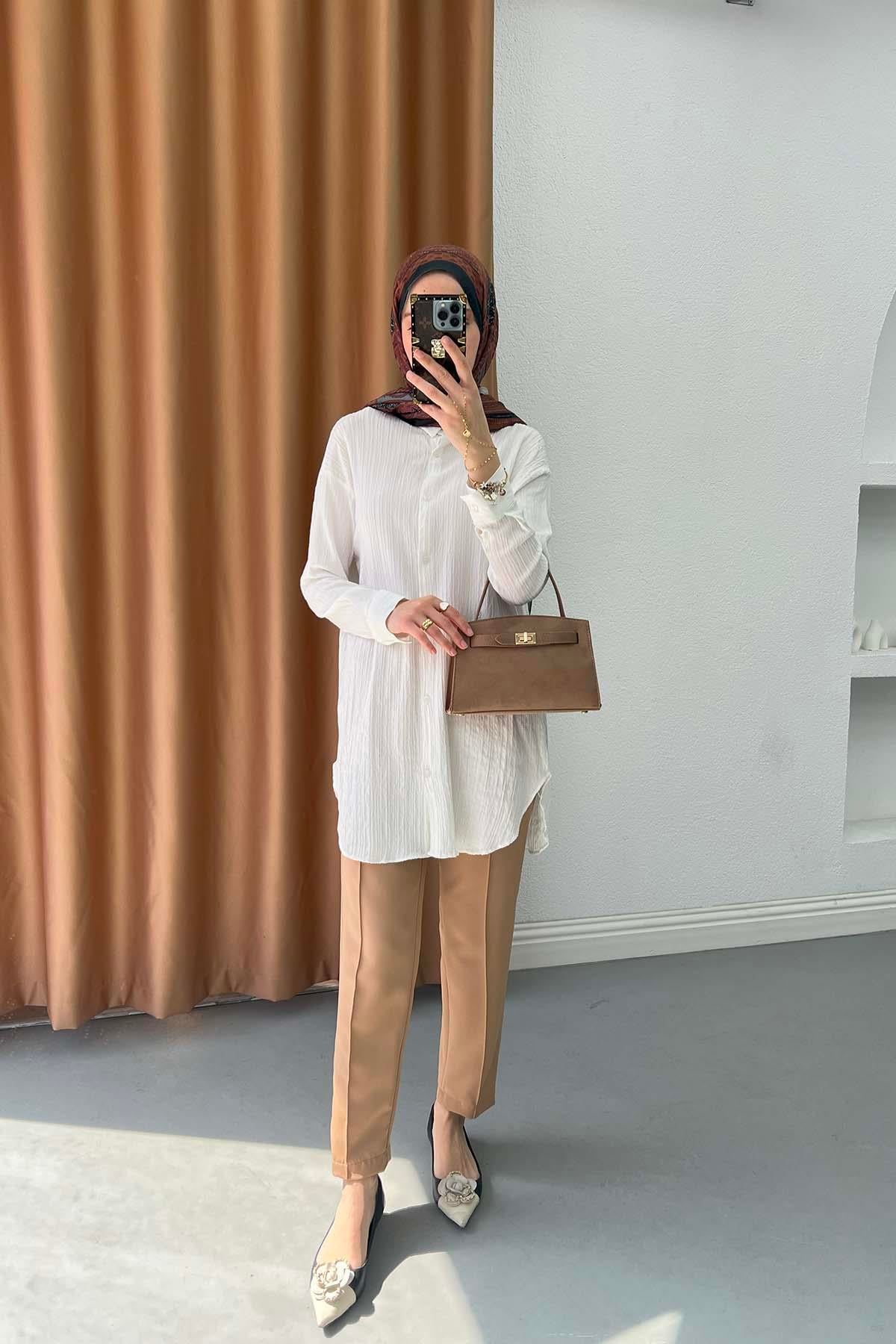 Beli Lastikli Çımalı Pantolon Camel