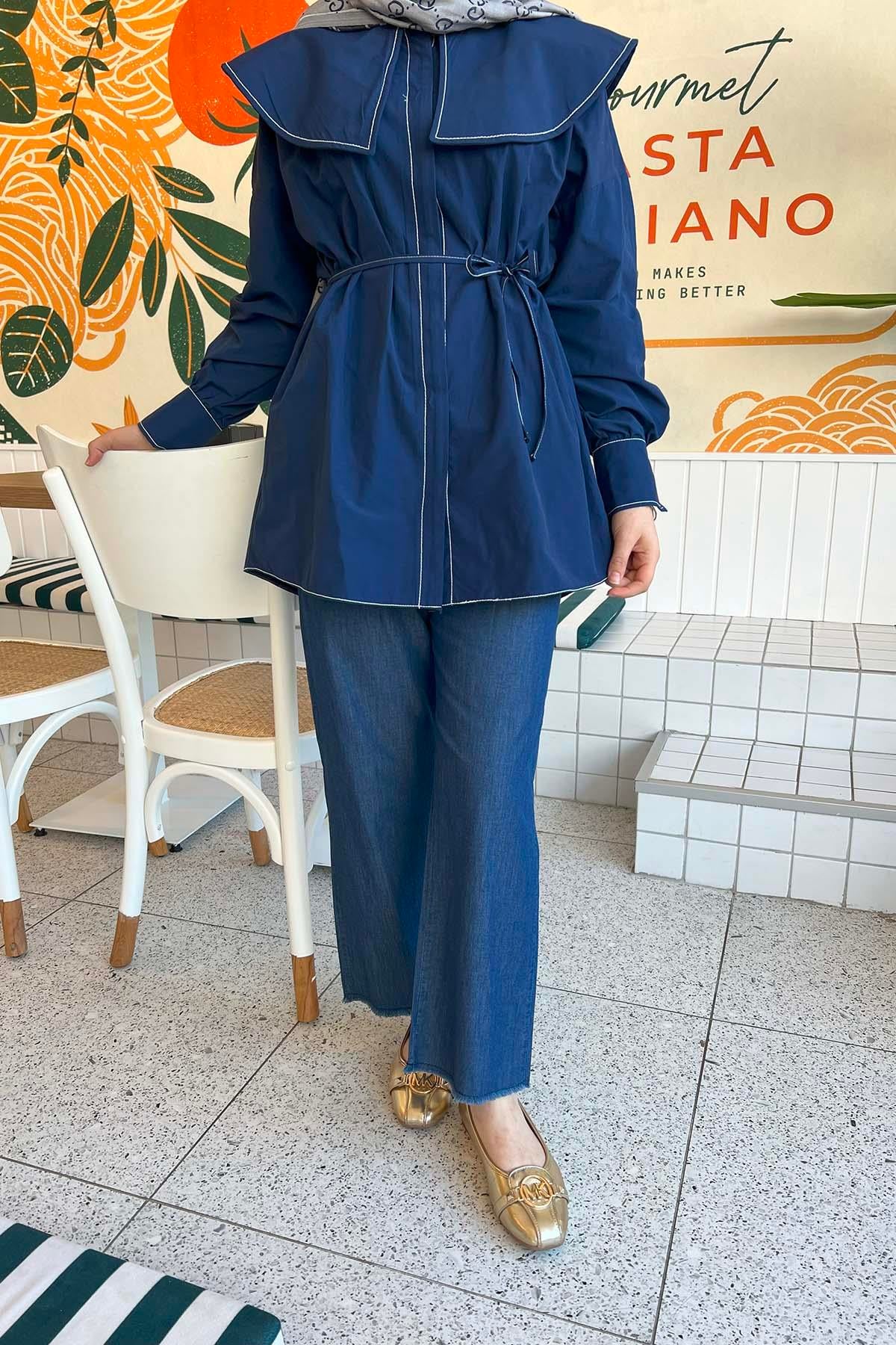 Beli Lastikli Paça Detaylı Kot Pantolon Lacivert