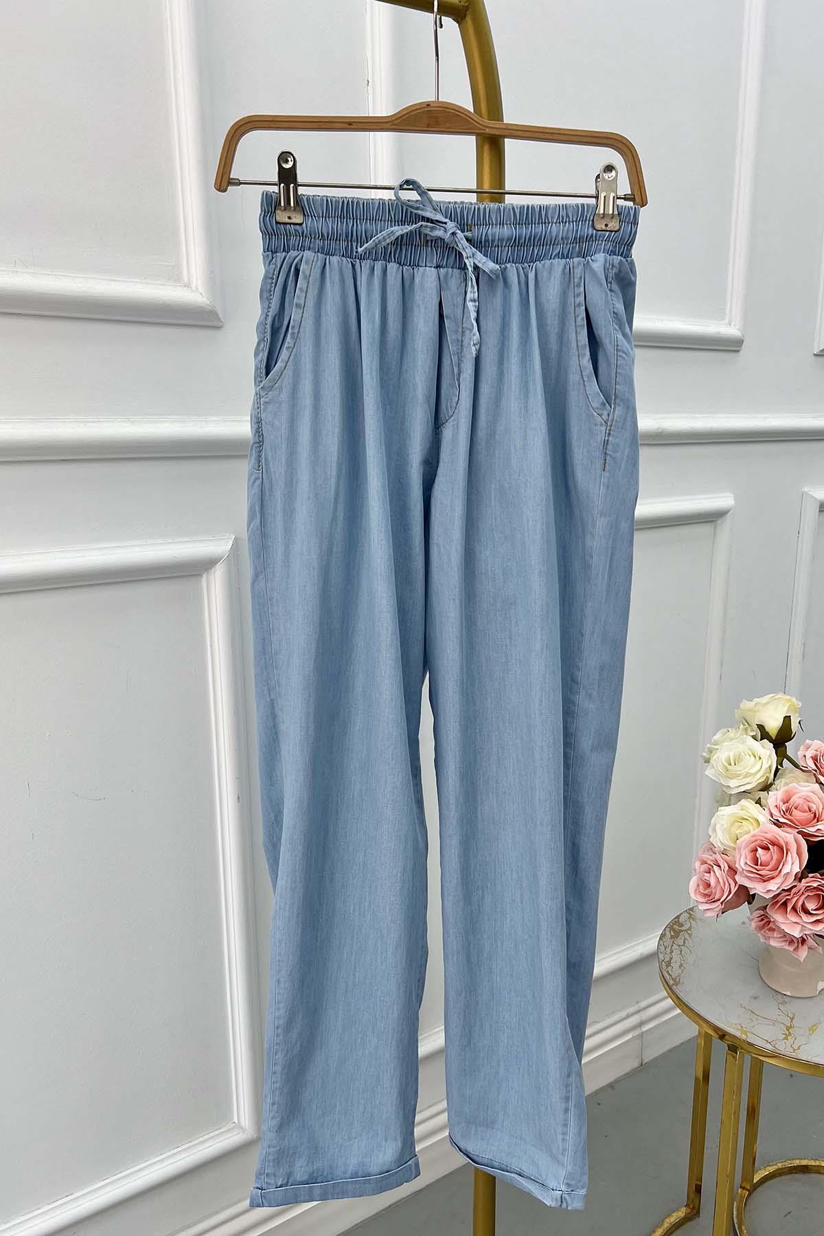 Beli Lastikli Paça Katlamalı Kot Görünümlü Pantalon Mavi