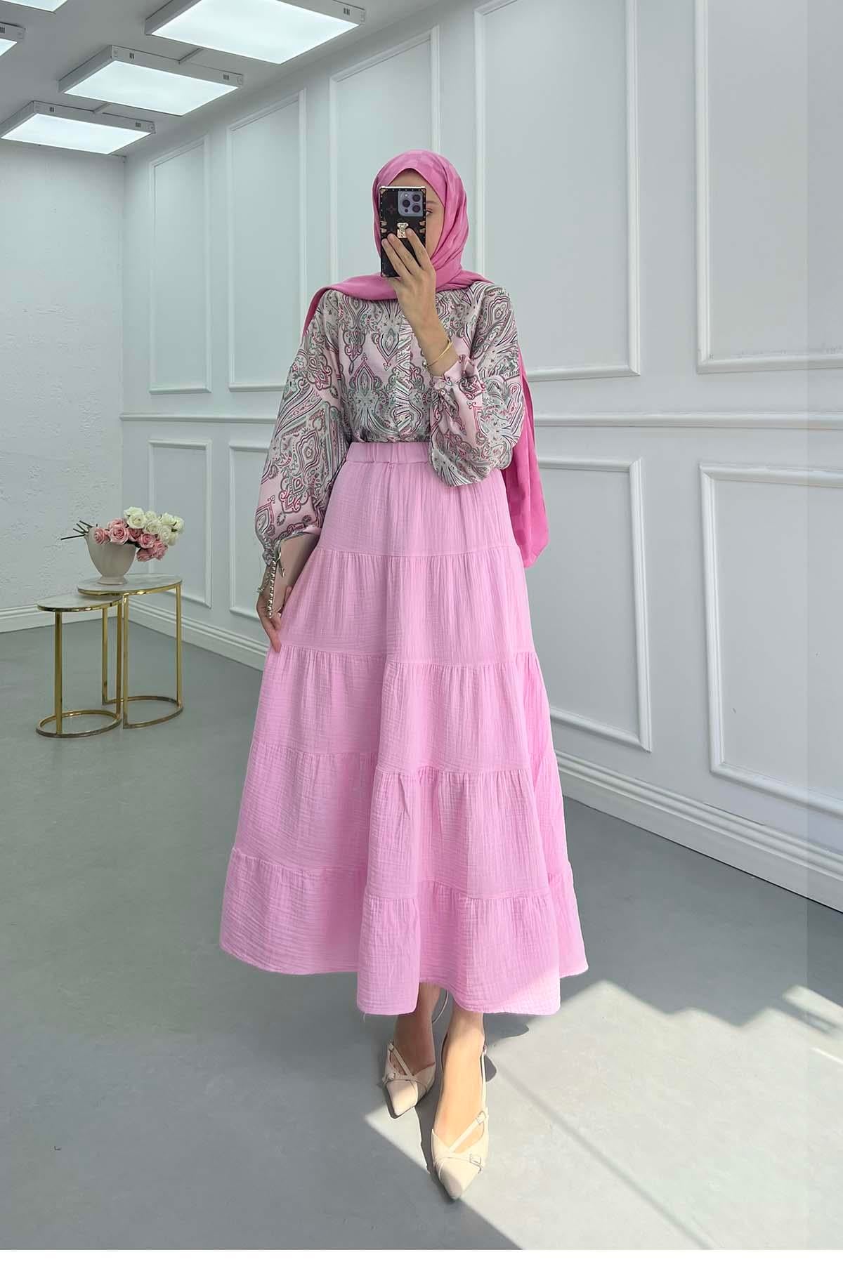 Beli Lastikli Pamuklu Astarlı Etek Pembe