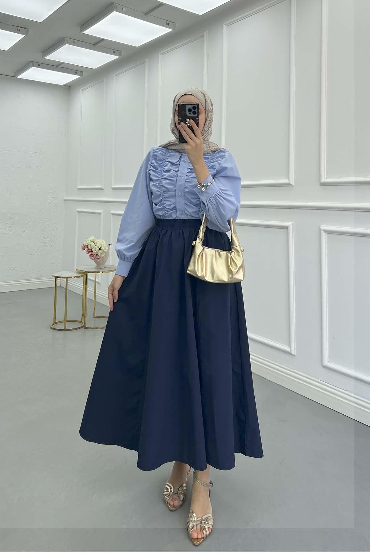 Beli Lastikli Poplin Etek Lacivert