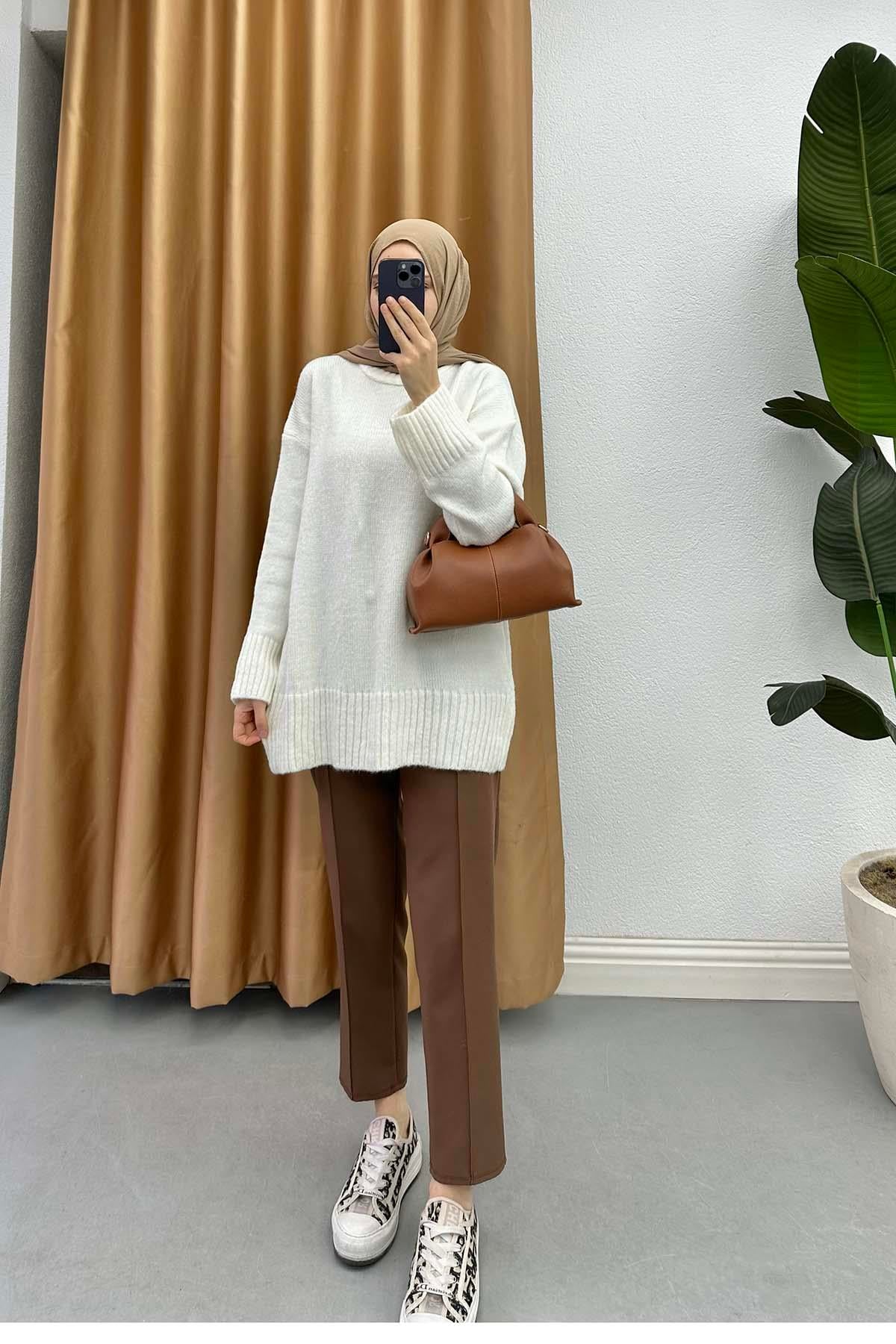 Bisiklet Yaka Triko Kazak Ekru