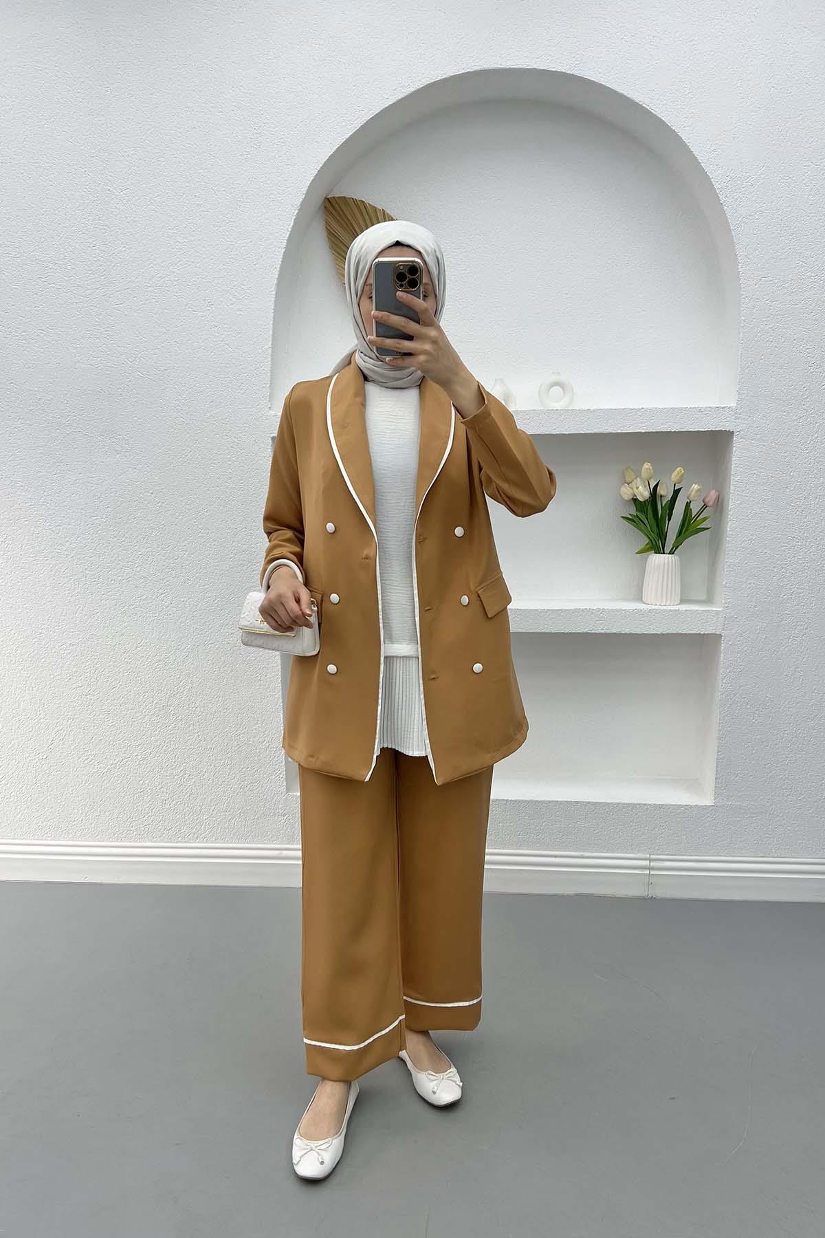 Biyeli Ceket Pantolon Takım Camel