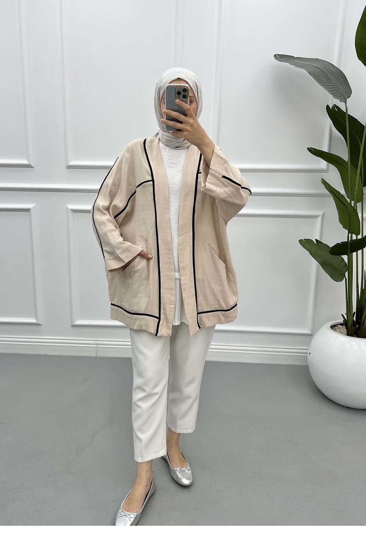 Biyeli Keten Kimono Bej