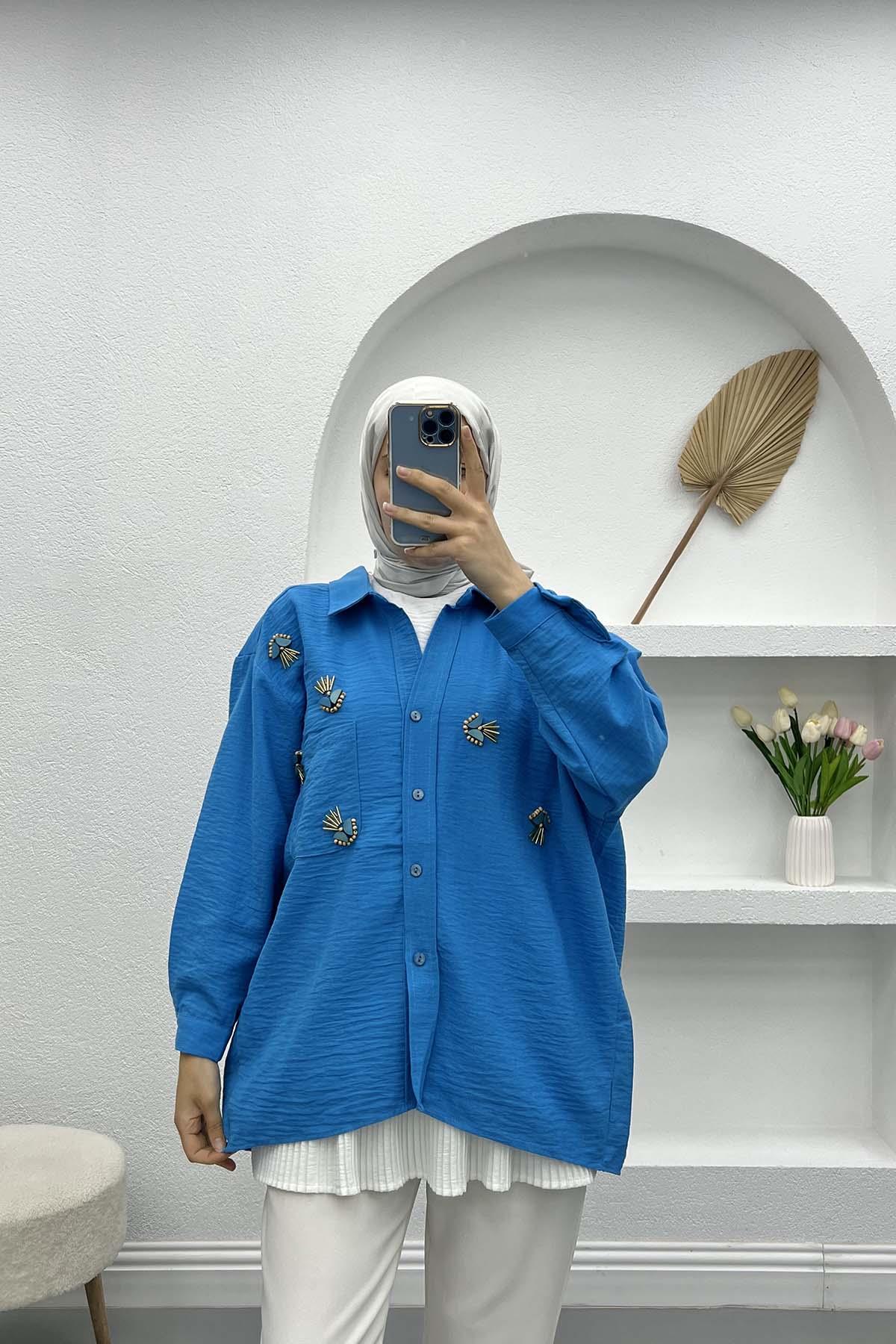 Boncuk İşlemeli Oversize Gömlek Mavi