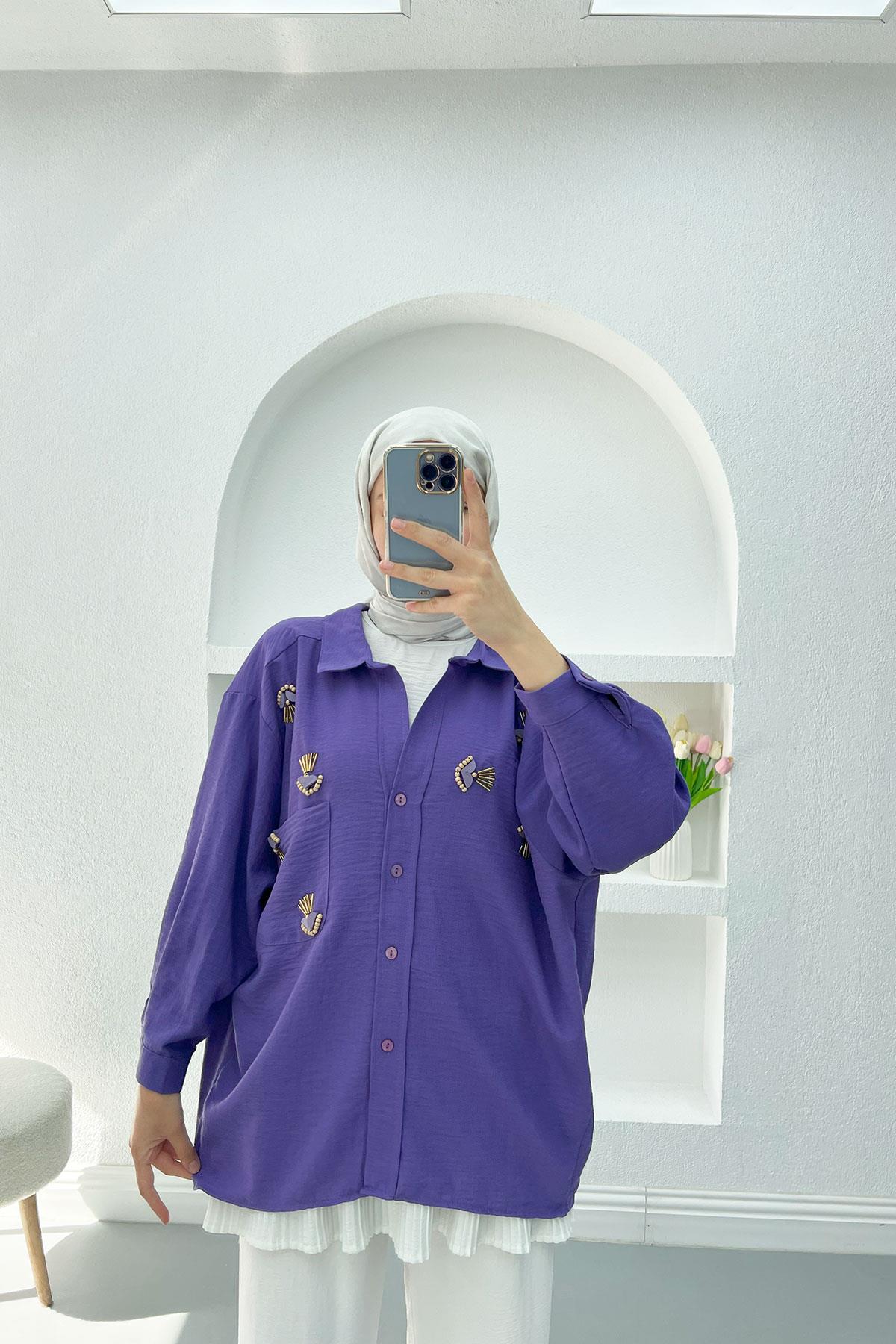 Boncuk İşlemeli Oversize Gömlek Mor