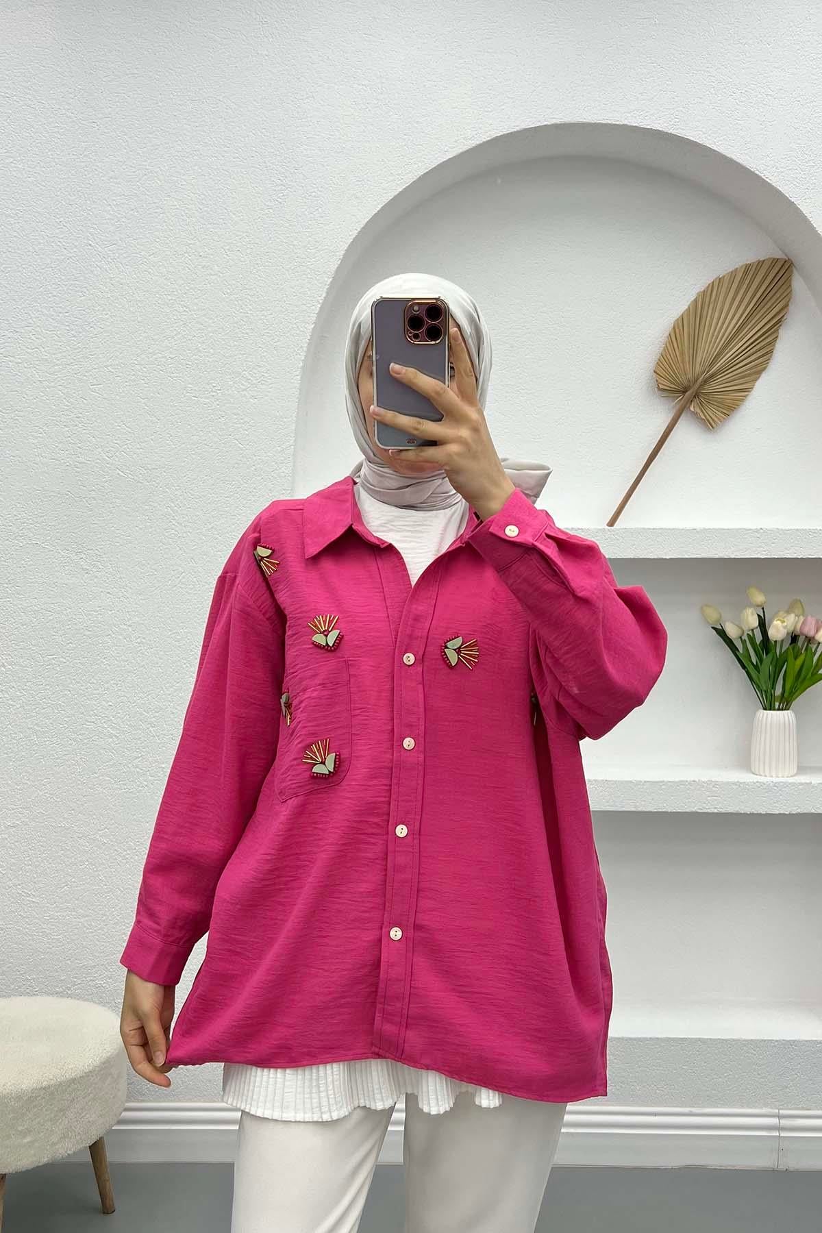 Boncuk İşlemeli Oversize Gömlek Pembe