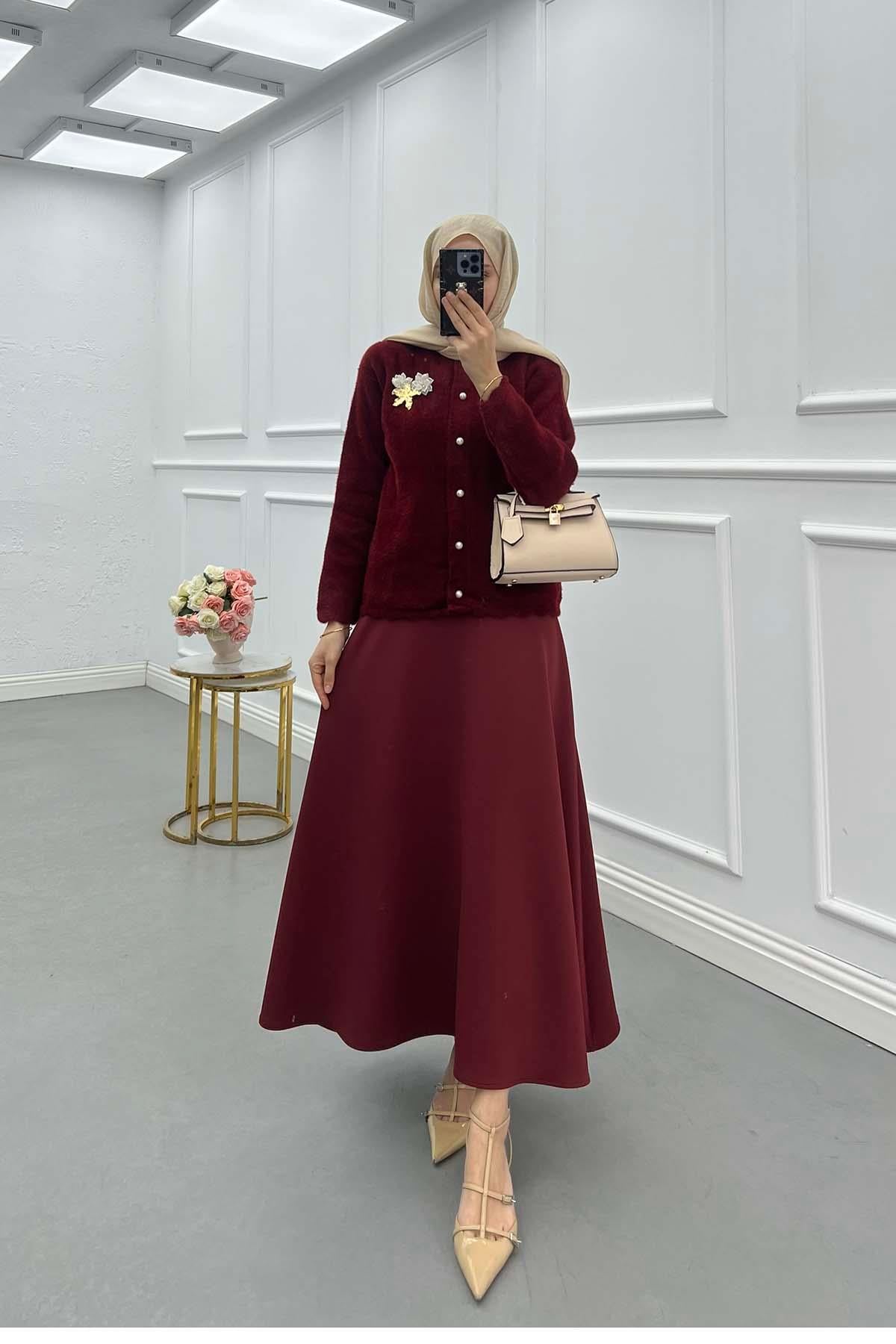Broş Detaylı Angora Hırka Bordo