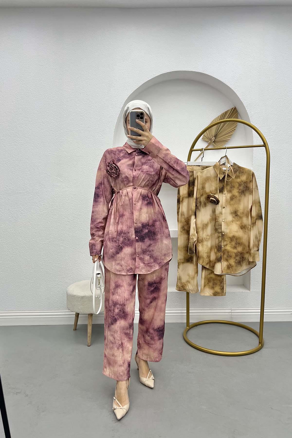 Broşlu Batik Desen Takım Mürdüm