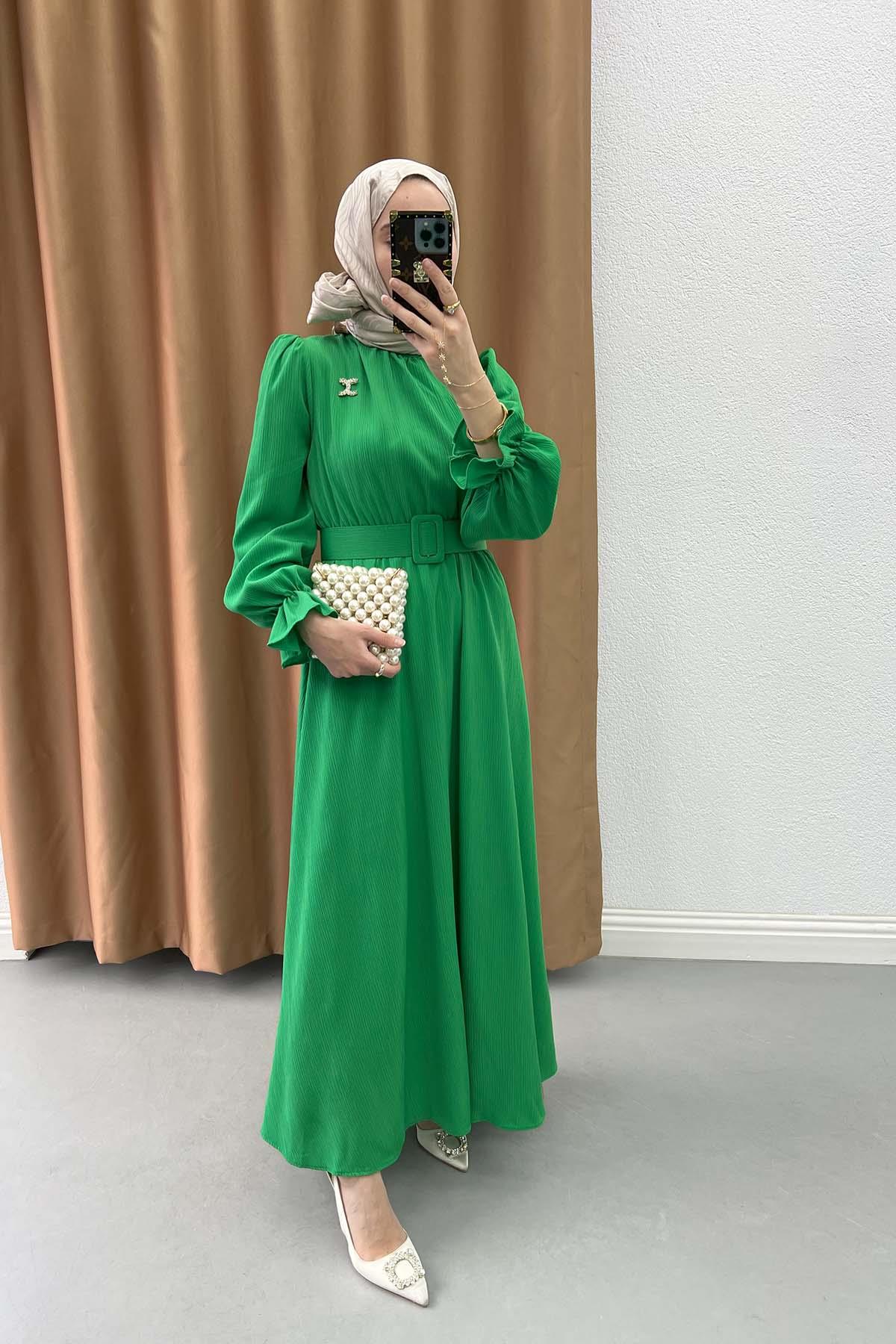 Broşlu Büzgülü Elbise Benetton Yeşil