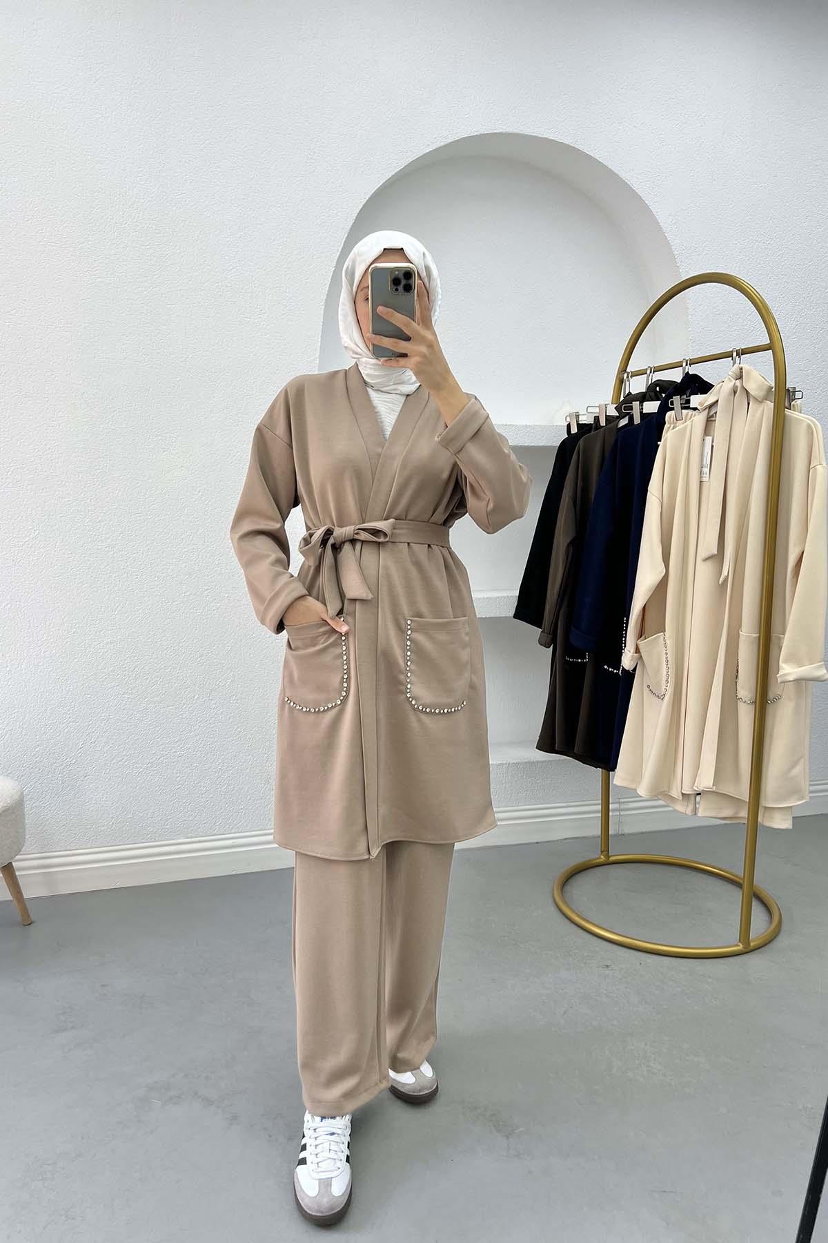 Cebi Taşlı Kimono Takım Sütlü Kahve