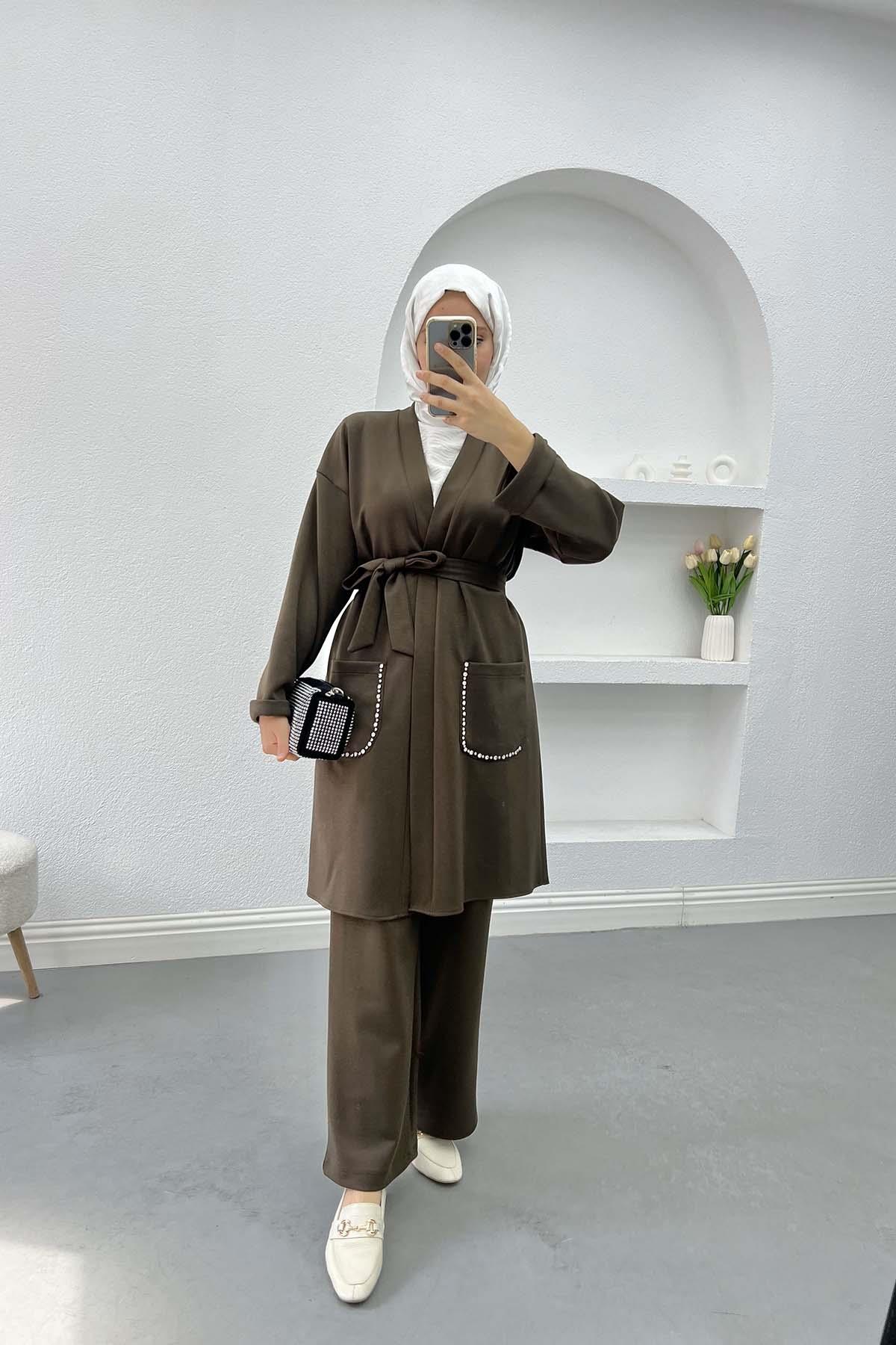 Cebi Taşlı Kimono Takım Vizon