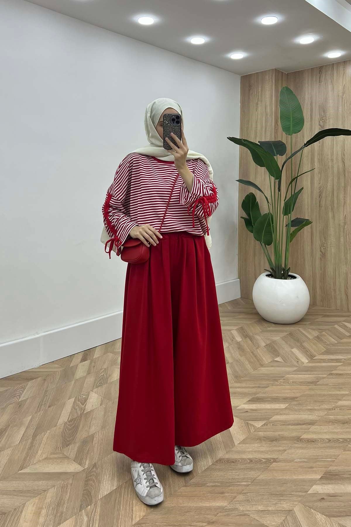 Cepli İnce Kaşe Eşofman Pantalon Kırmızı