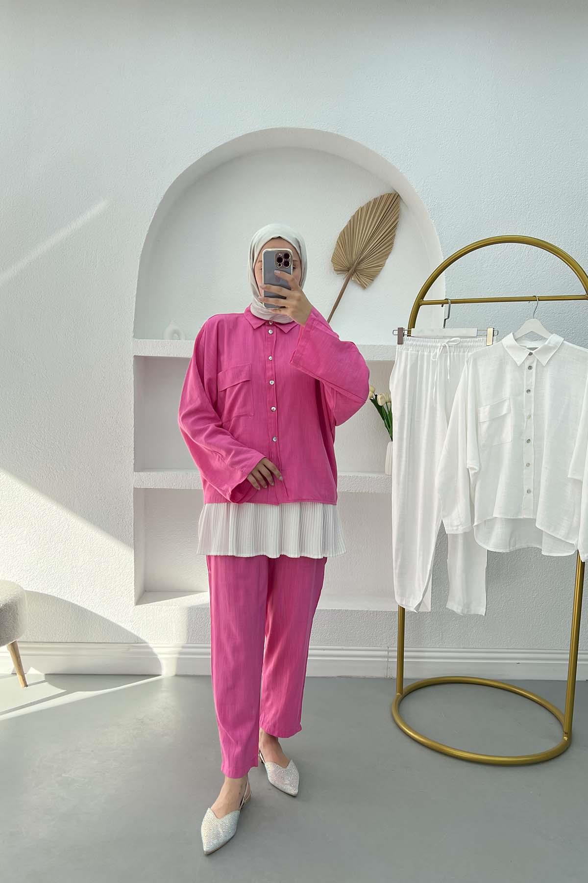 Cepli Oversize Keten Takım Pembe