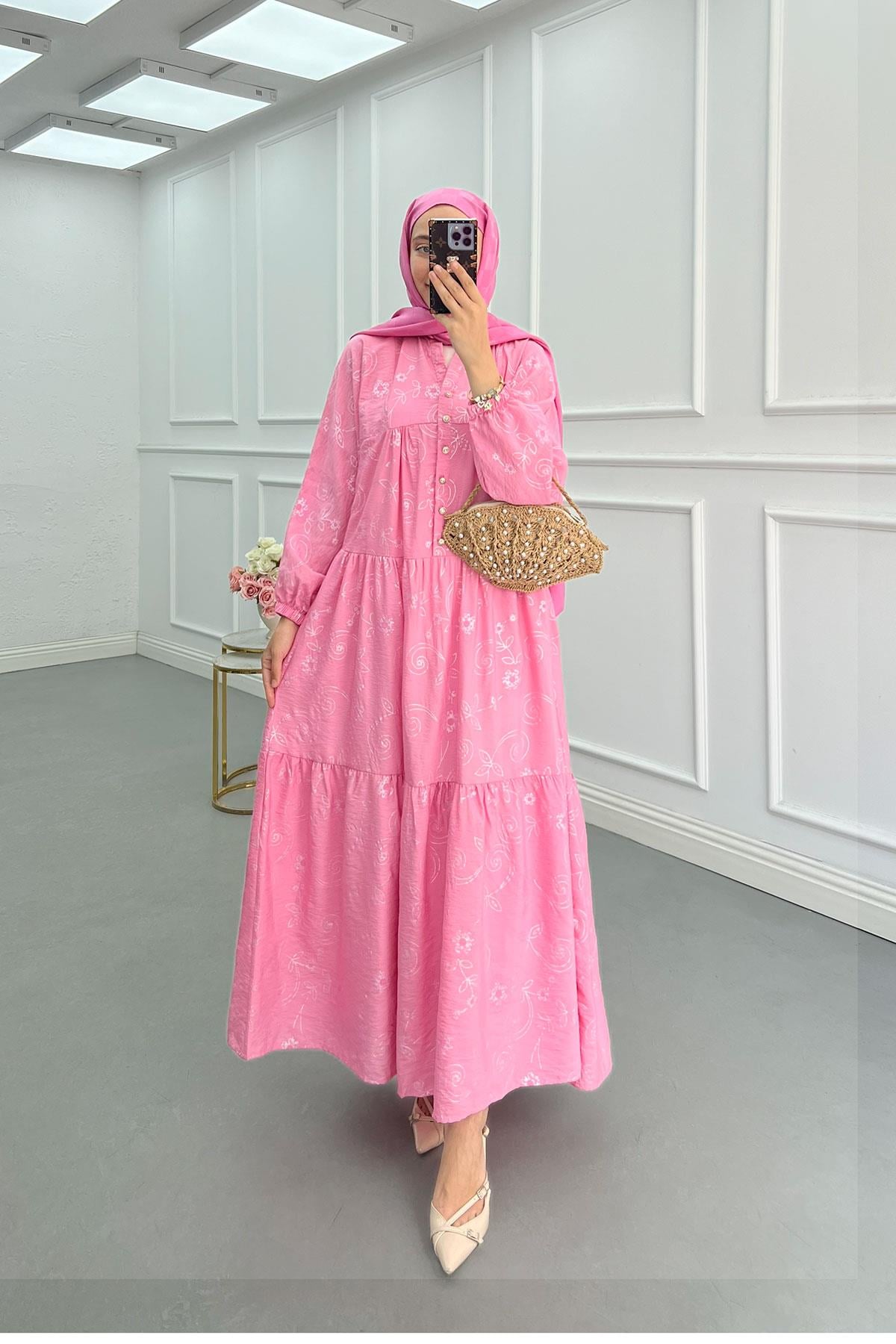 Çiçek Desen Düğme Detay Elbise Pembe