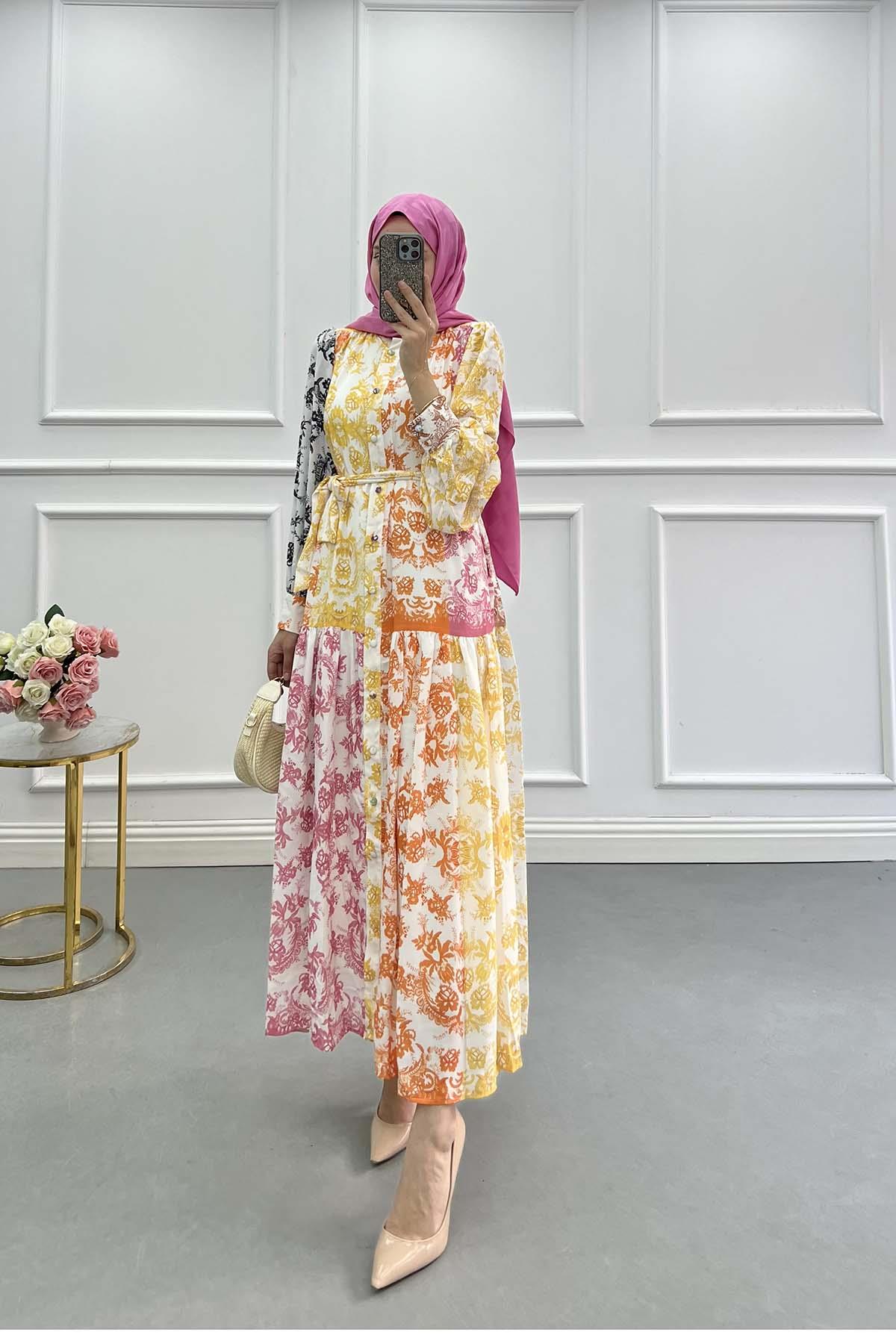 Çiçek Desenli Patchwork Elbise Sarı