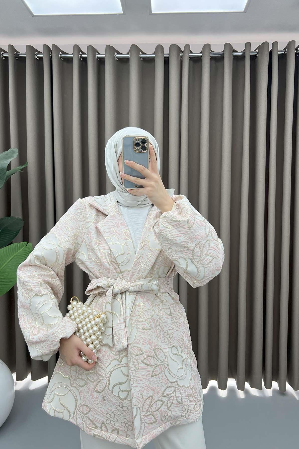 Çiçek Simli Kimono Pembe