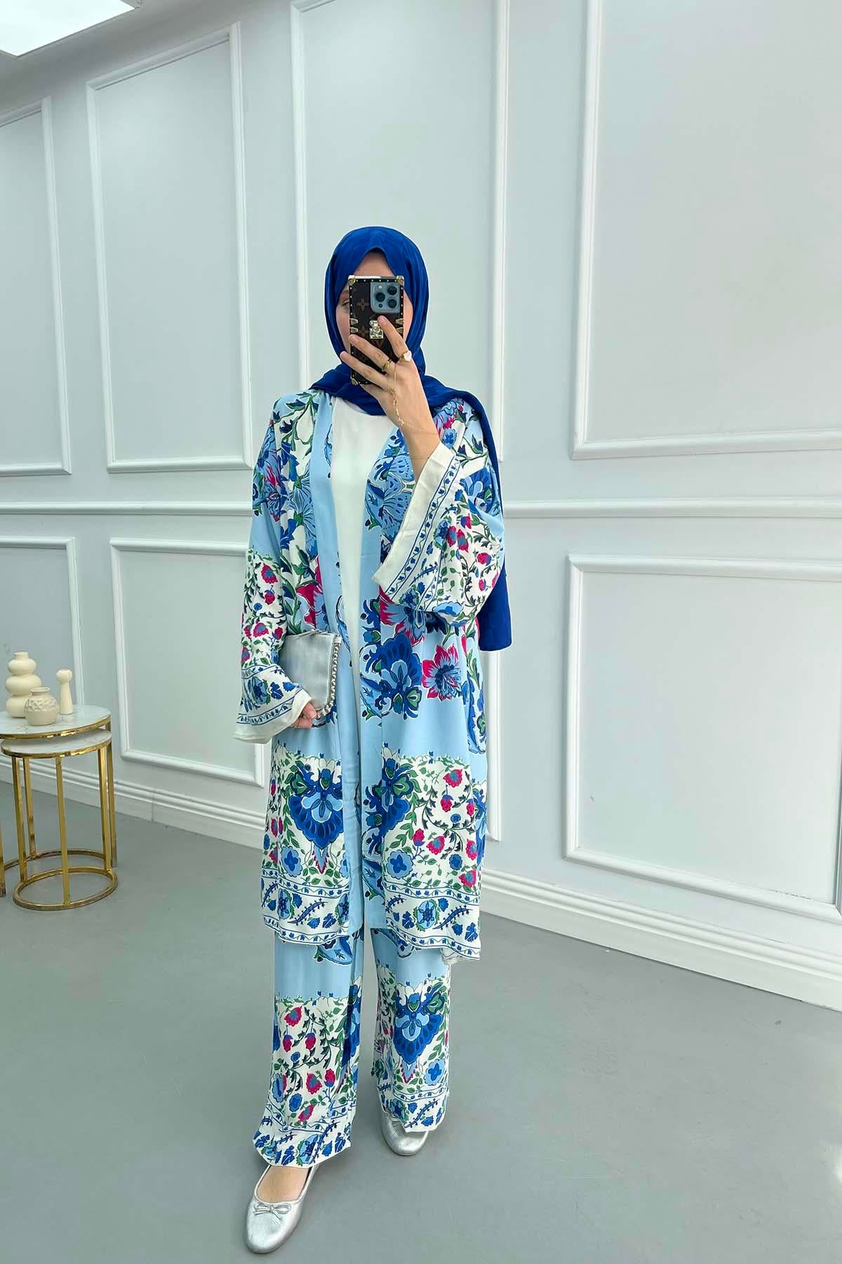 Çiçekli Kimono Takım Lacivert
