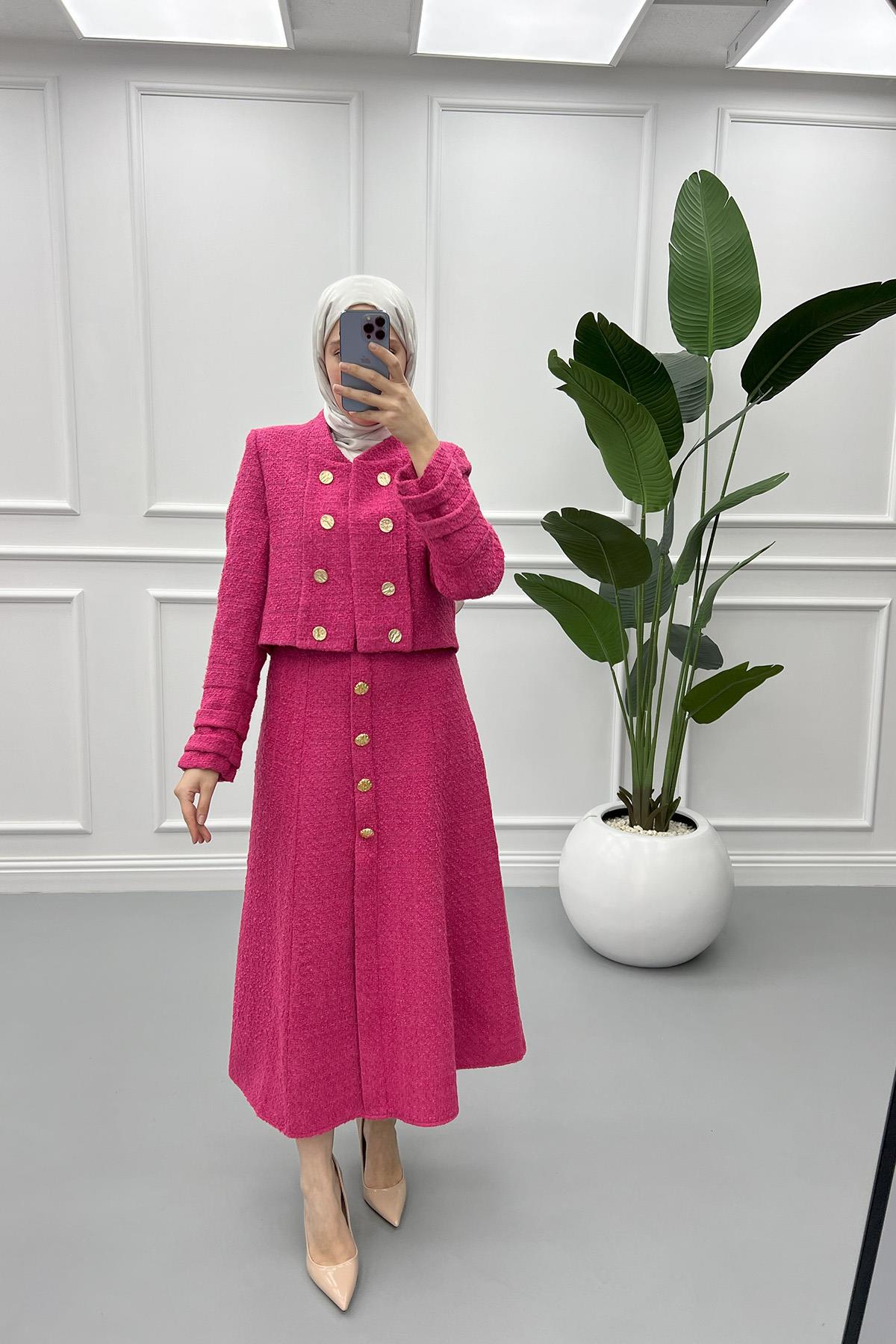 Çift Düğmeli Etek Takım Pembe