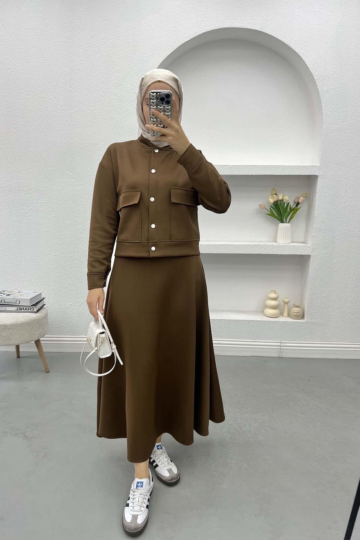 Çıtçıtlı Ceket Etek Takım Kahve