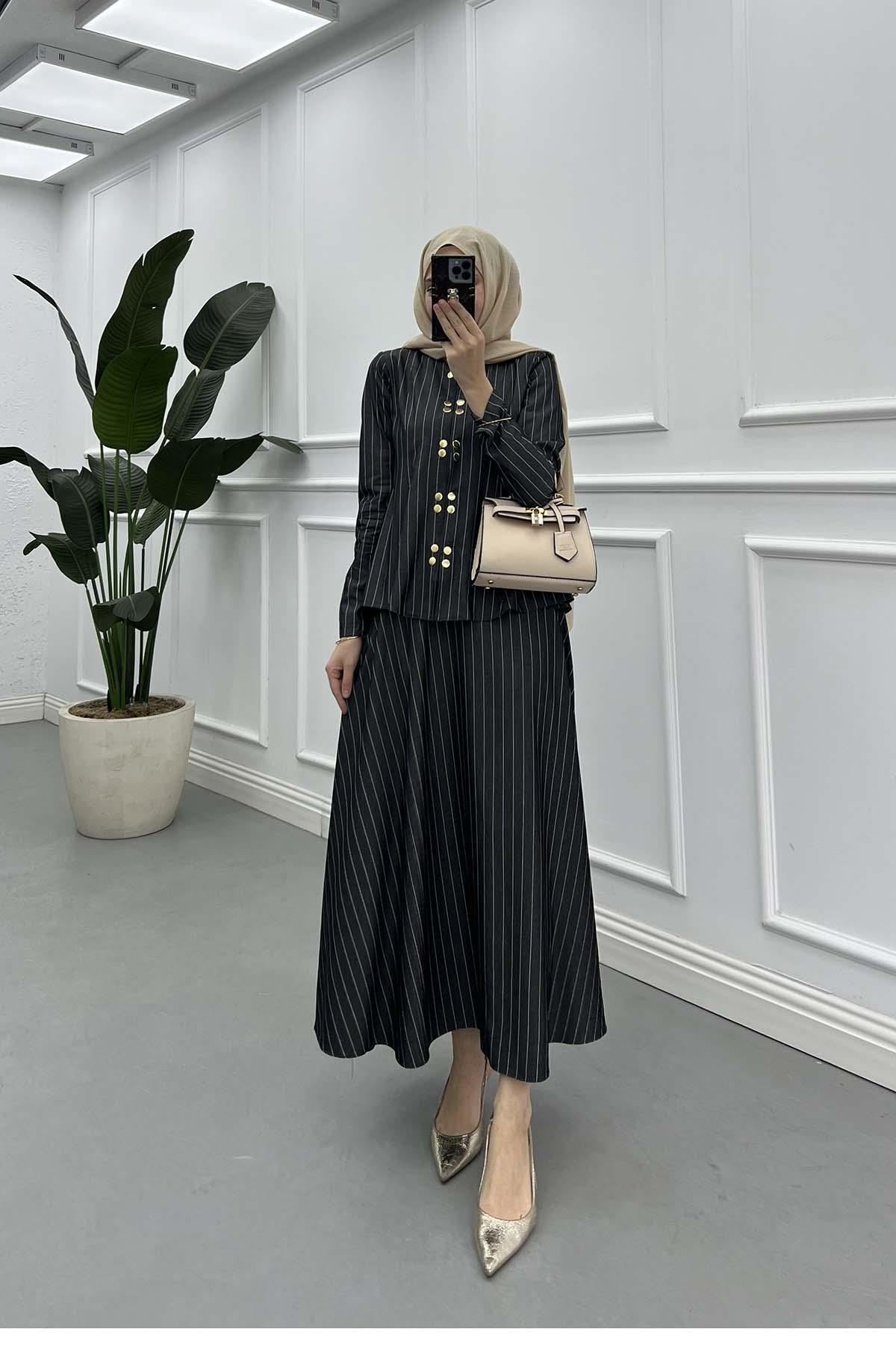 Çıtçıtlı Pinstripe Desen Tensel Kot Takım Siyah
