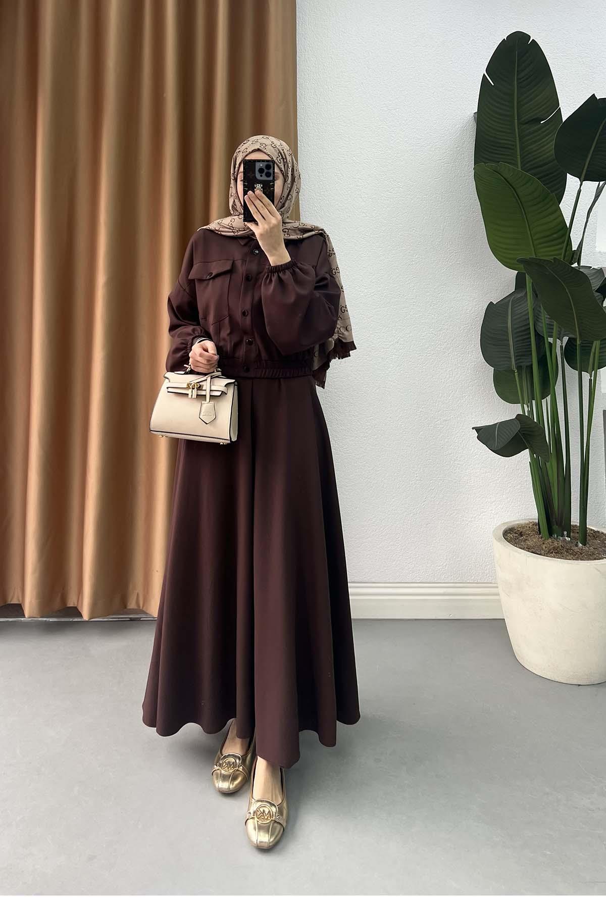 Çıtçıtlı Sahra Crop Double Takım Kahve
