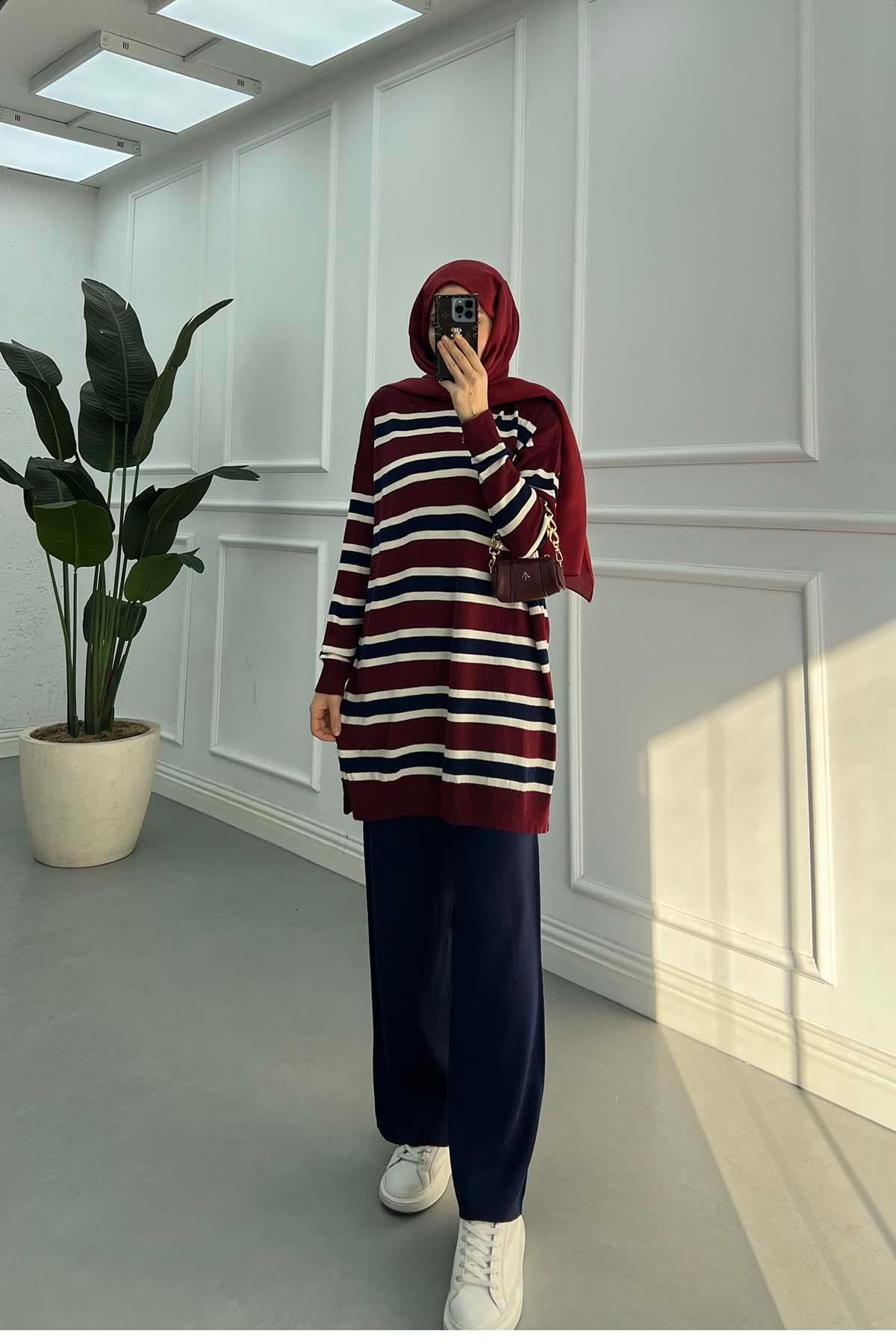 Çizgi Desen Triko Takım Bordo