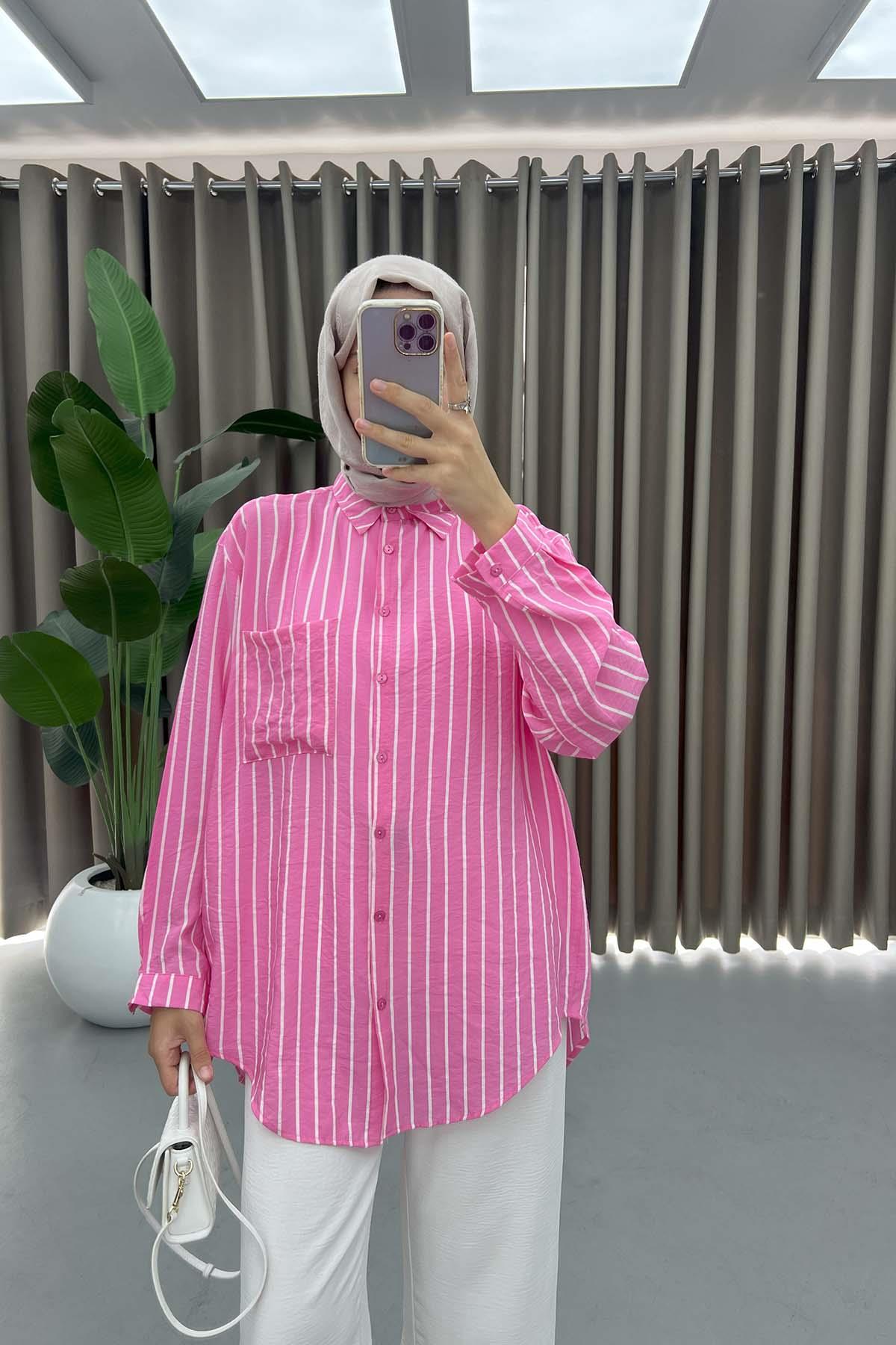 Çizgili Cepli Gömlek Pembe