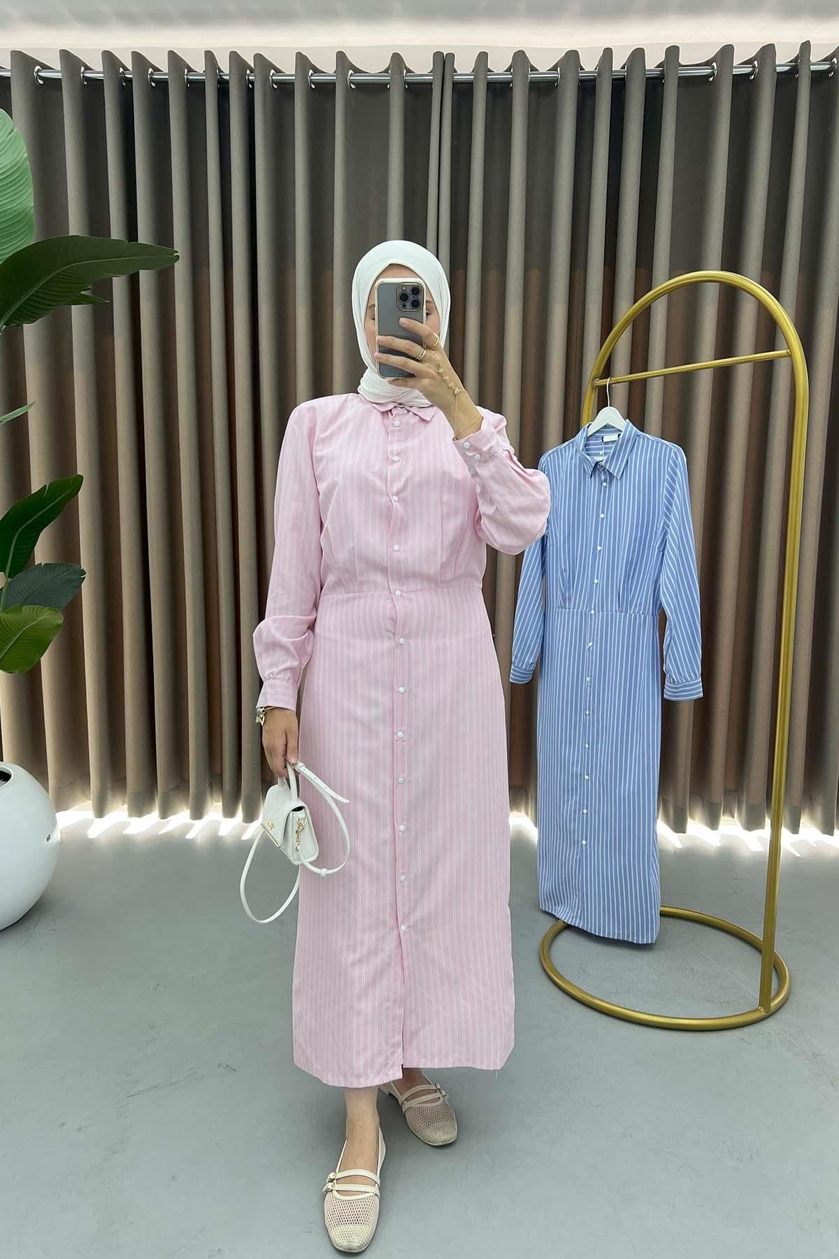 Çizgili Çıtçıtlı Elbise Pembe