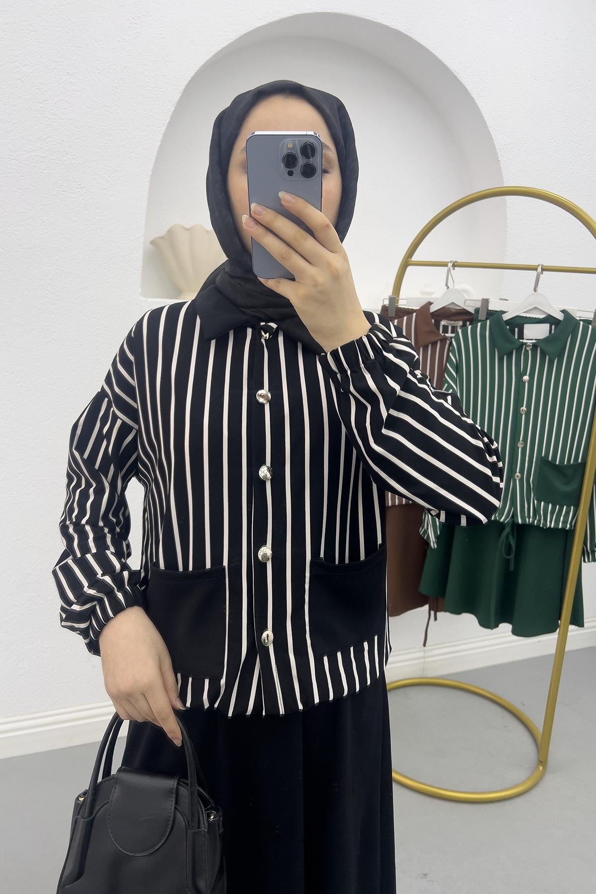 Çizgili Crop Etek Takım Siyah
