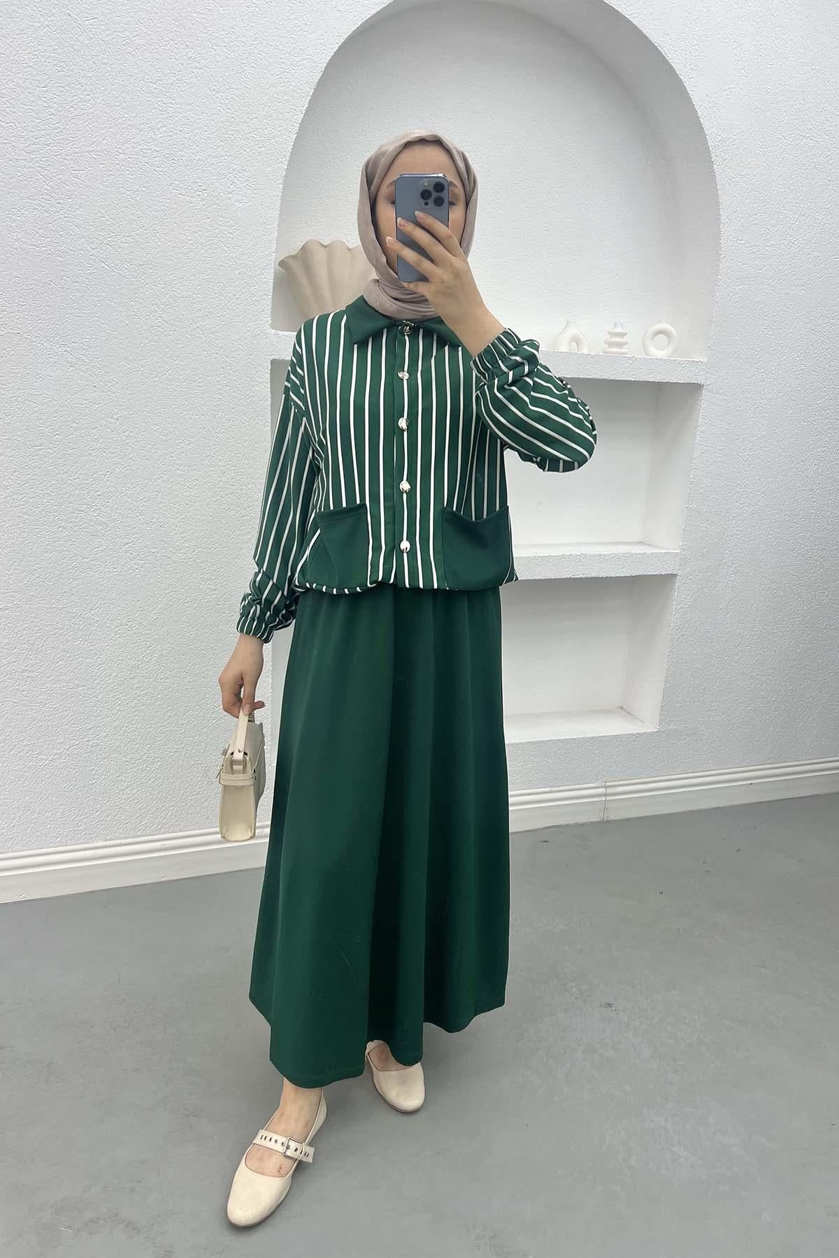 Çizgili Crop Etek Takım Yeşil