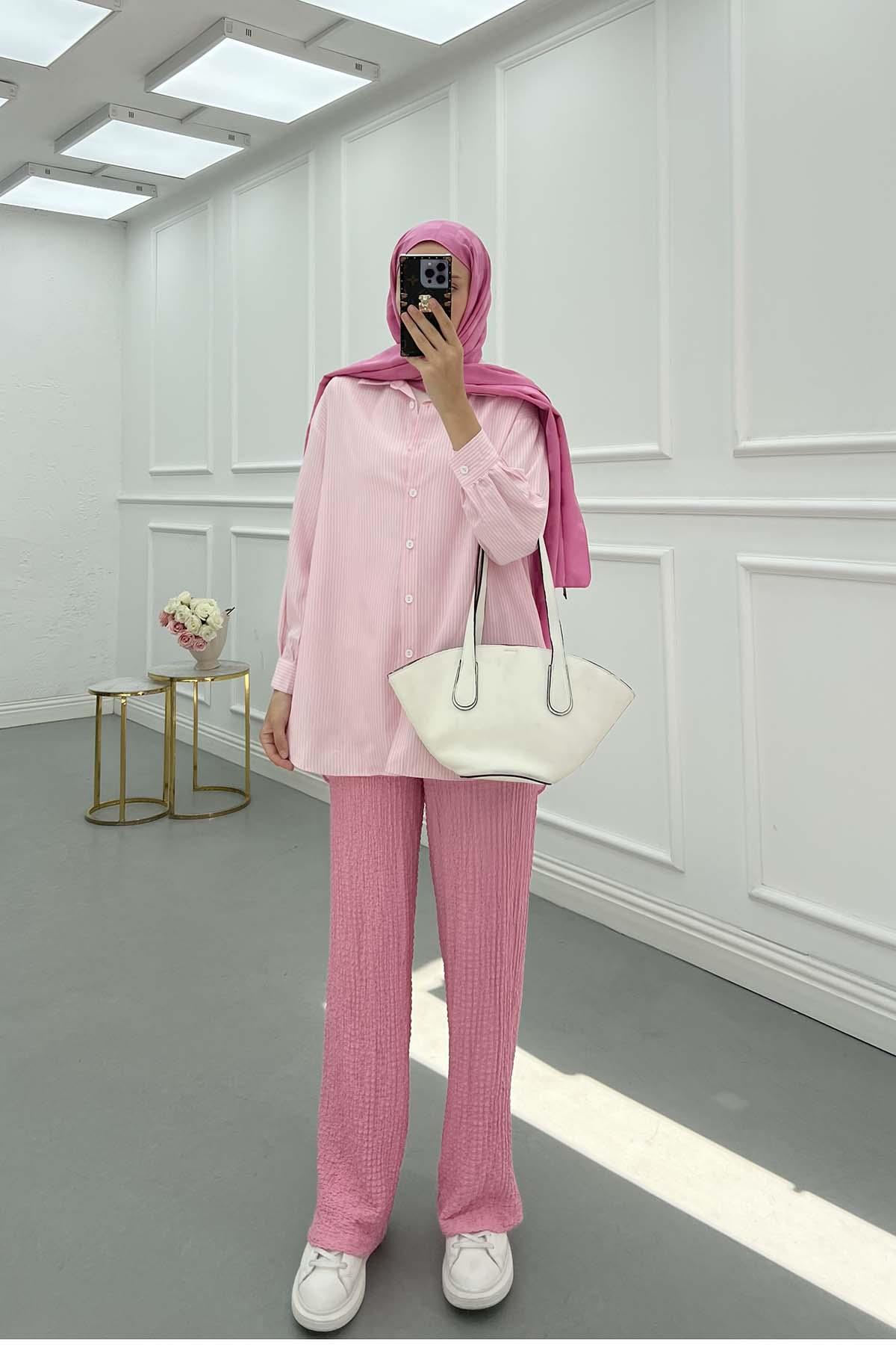 Çizgili Desen Gömlek Pembe