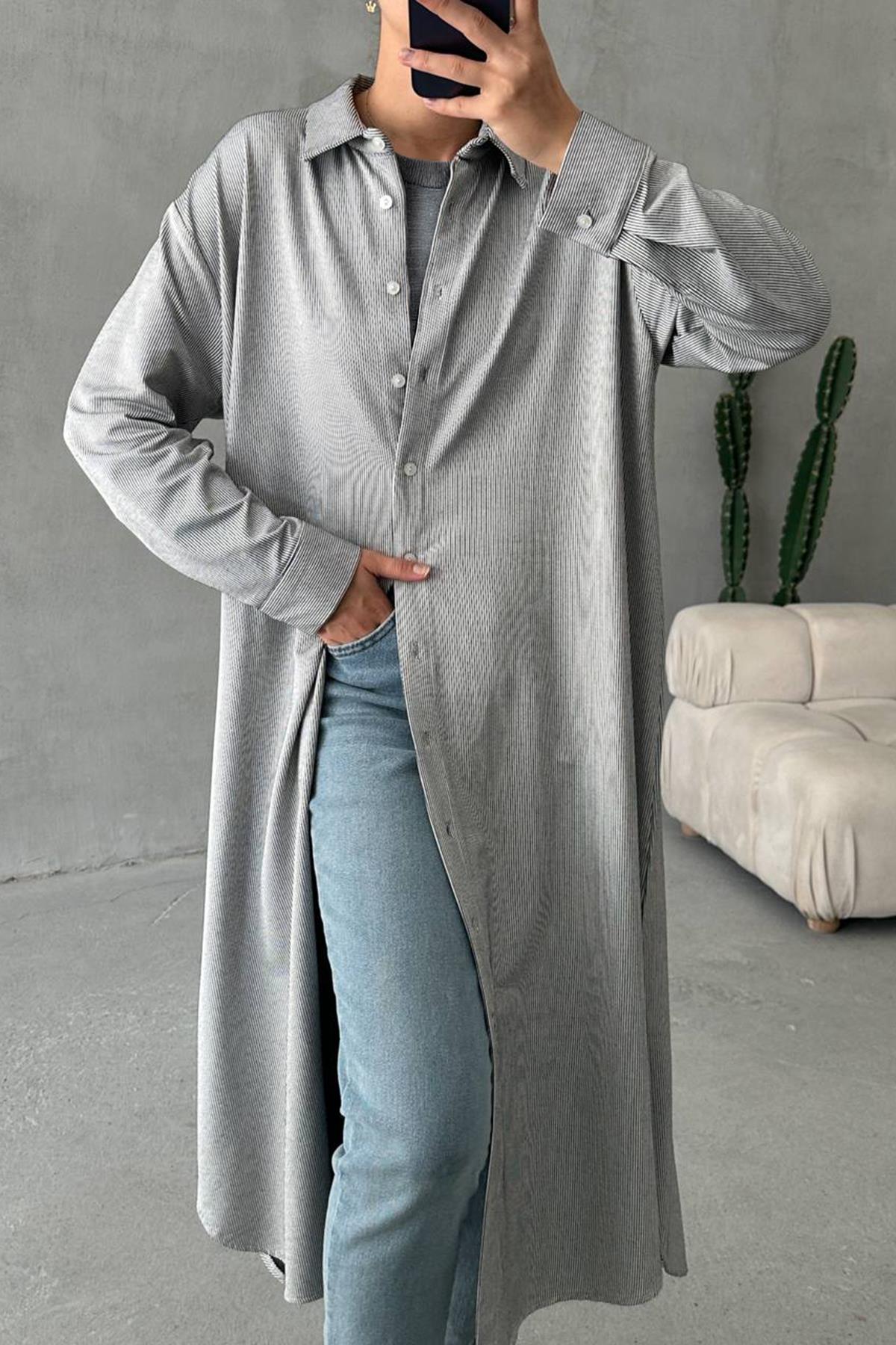 Çizgili Gömlek Tunik Siyah