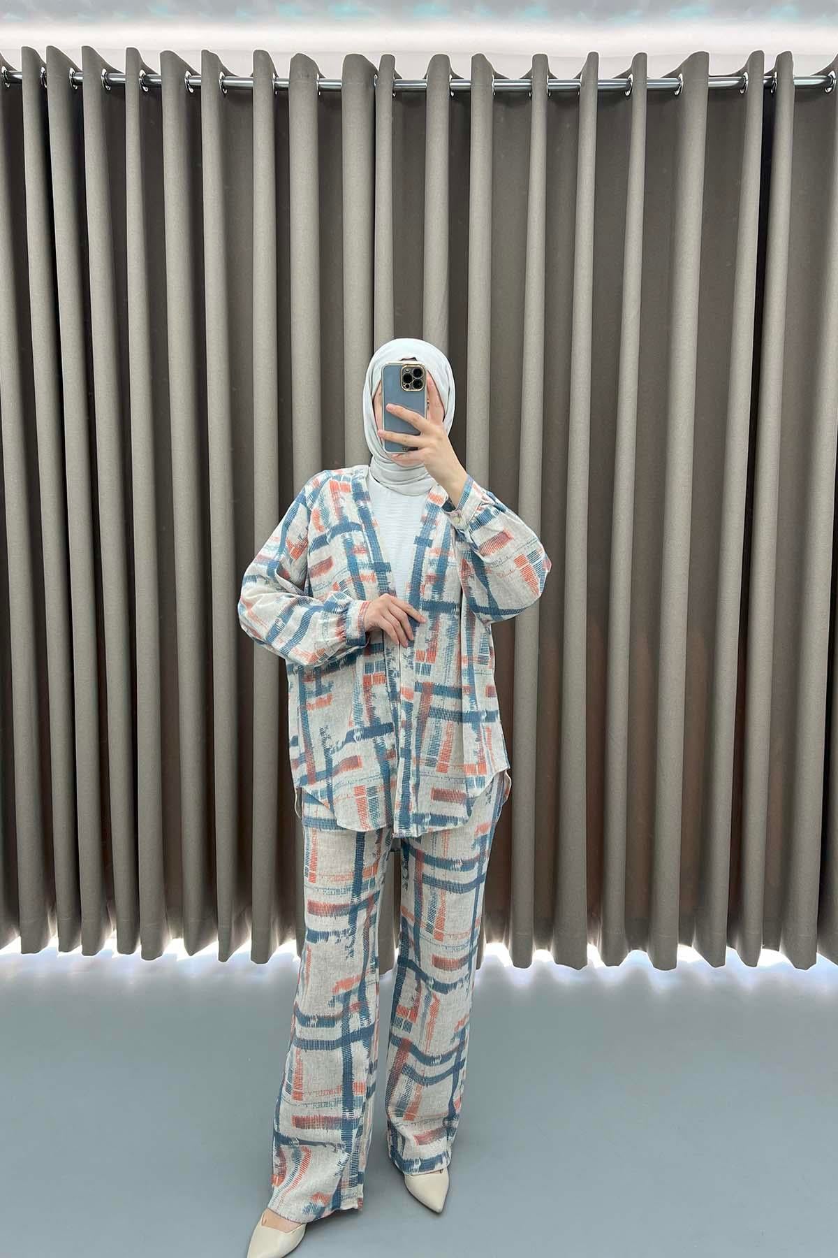 Çizgili Kimono Takım Mavi