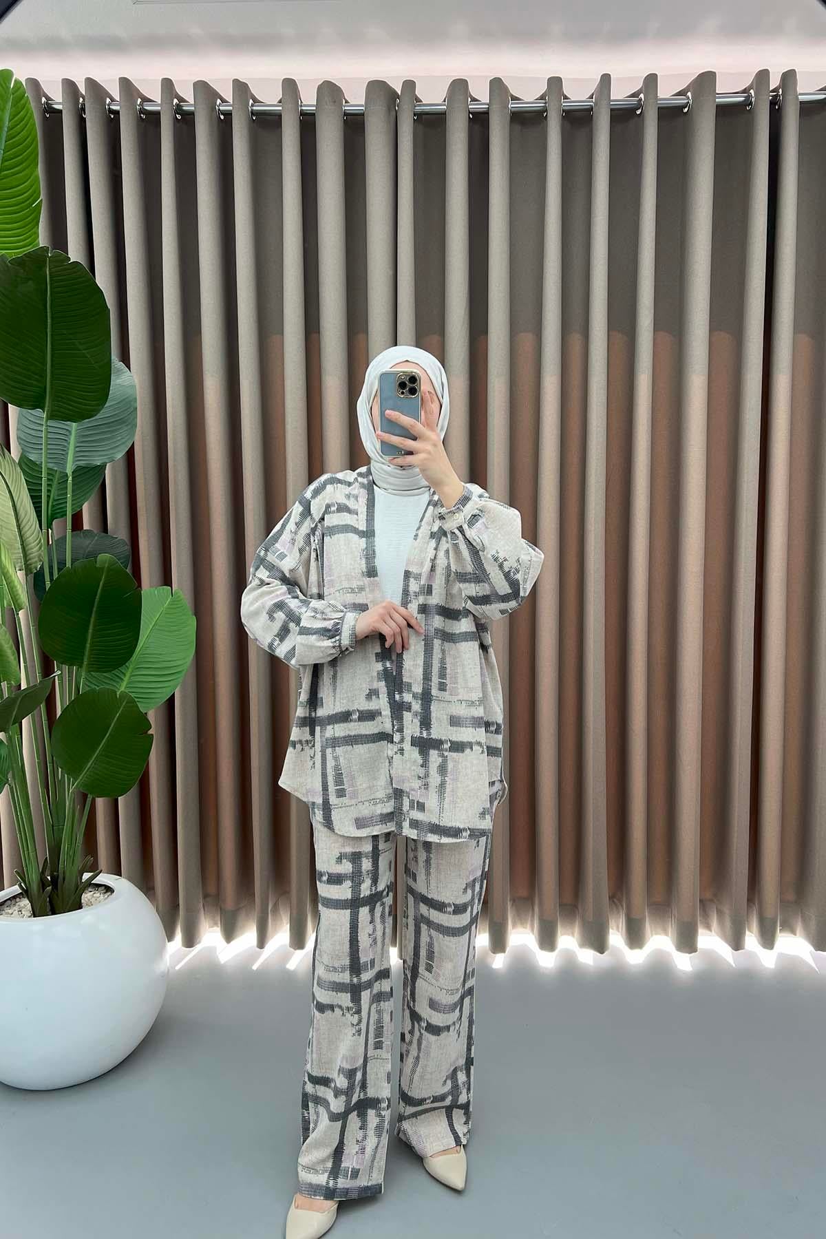 Çizgili Kimono Takım Pembe