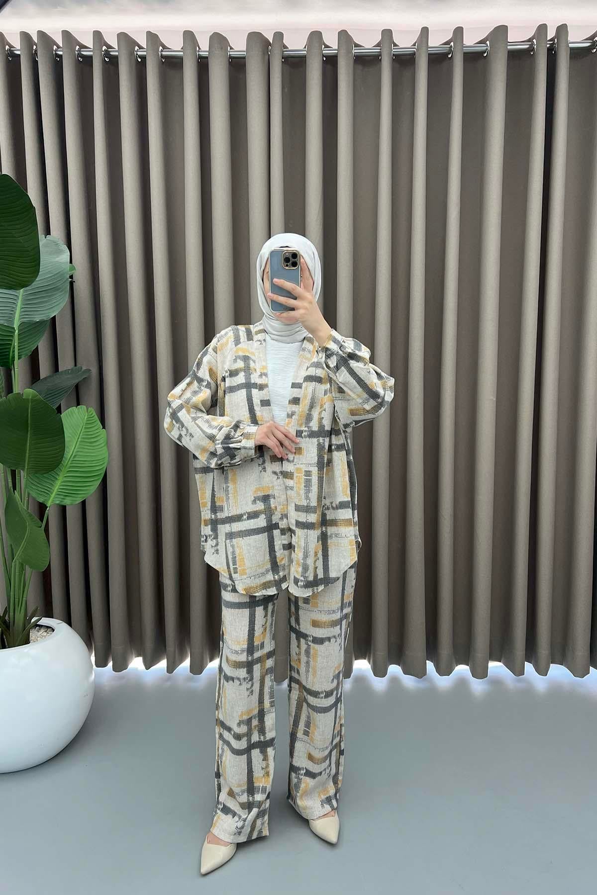 Çizgili Kimono Takım Sarı
