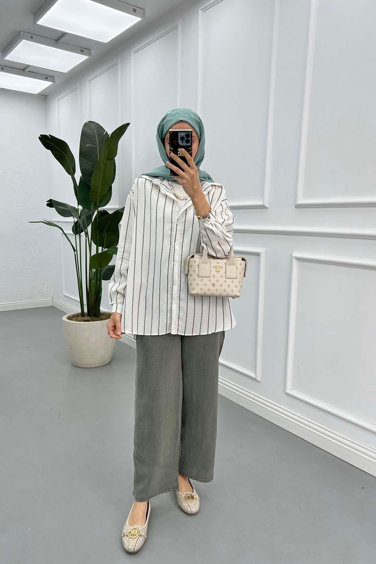 Çizgili Oversize Gömlek Beyaz