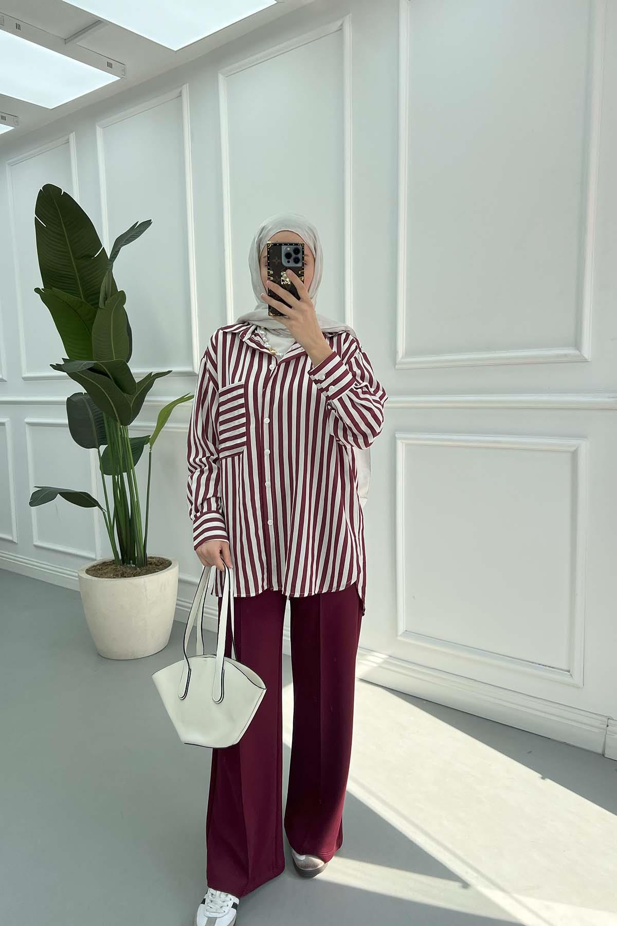 Çizgili Oversize Gömlek Bordo