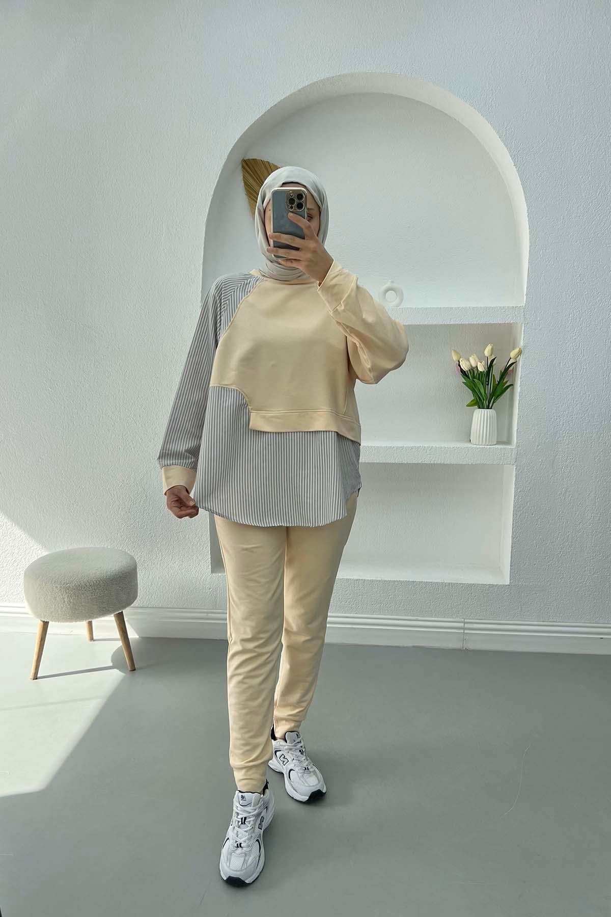 Çizgili Sweat Takım Bej