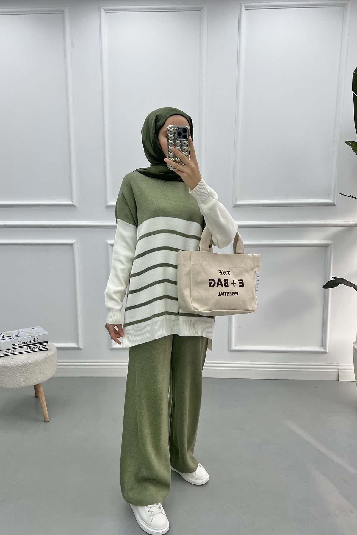 Çizgili Triko Takım Soft Yeşil