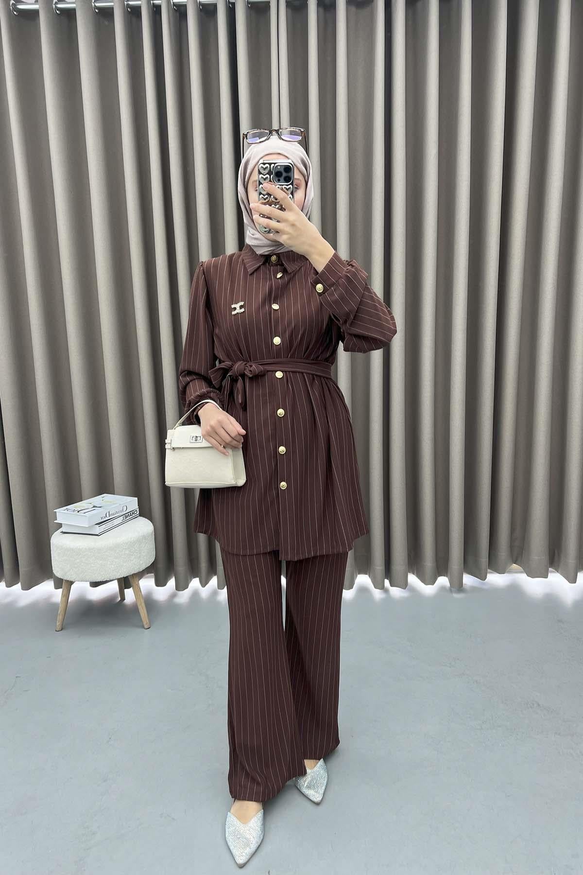 Çizgili Tunik Takım Acı Kahve