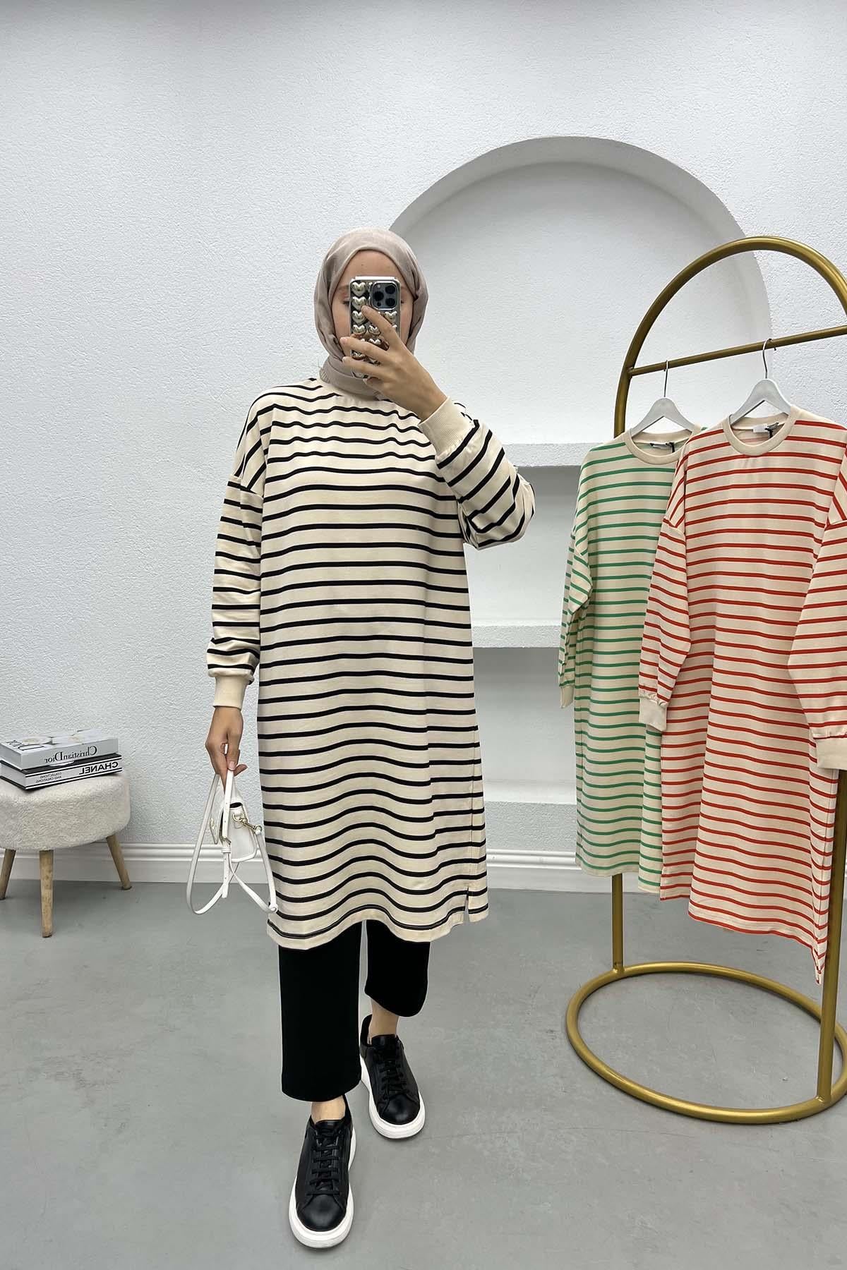 Çizgili Uzun Sweatshirt Siyah