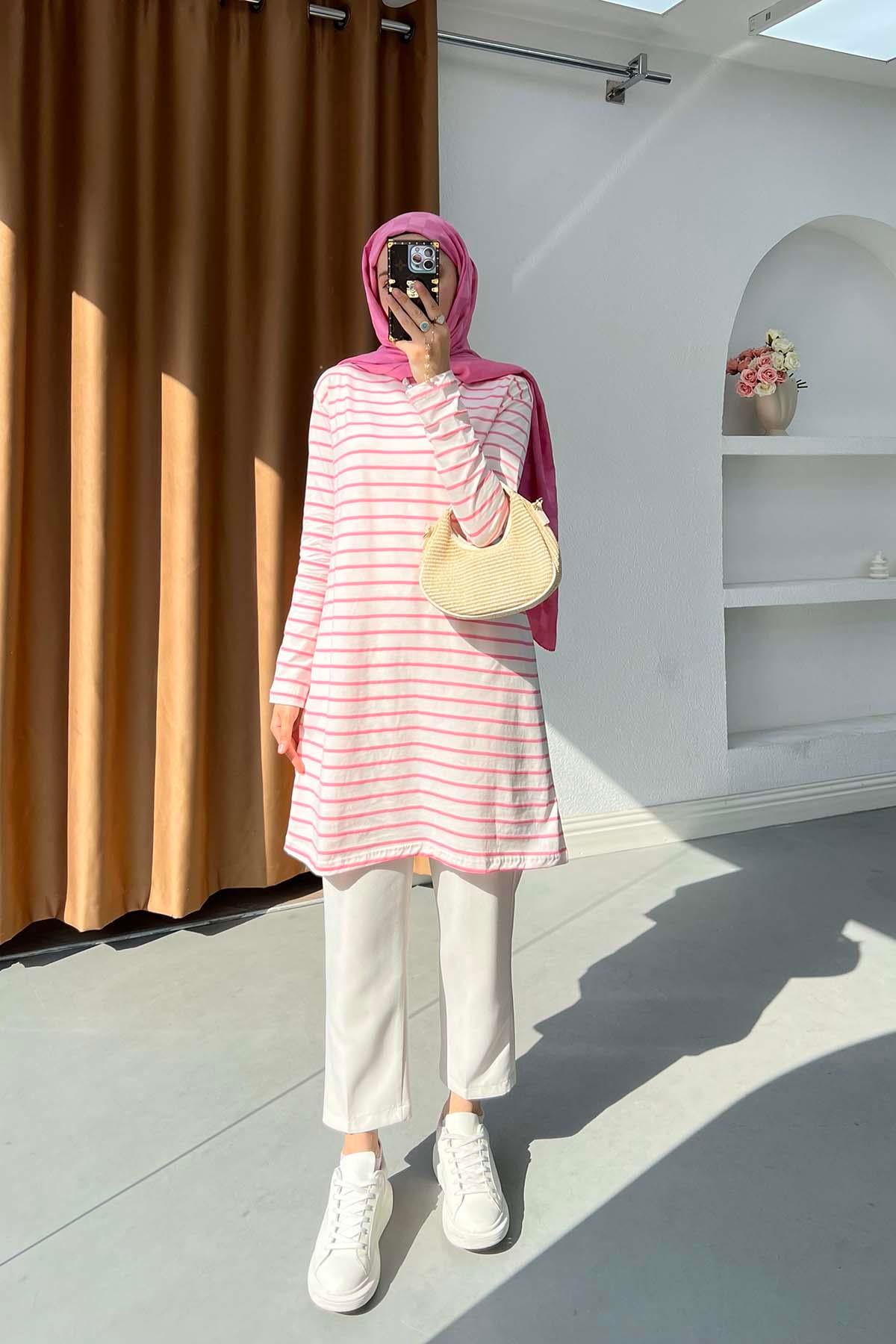 Çizgili Viskon Tunik Pembe