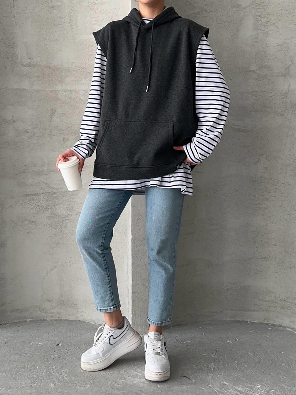 Çizgili Yelekli İkili Sweatshirt Füme