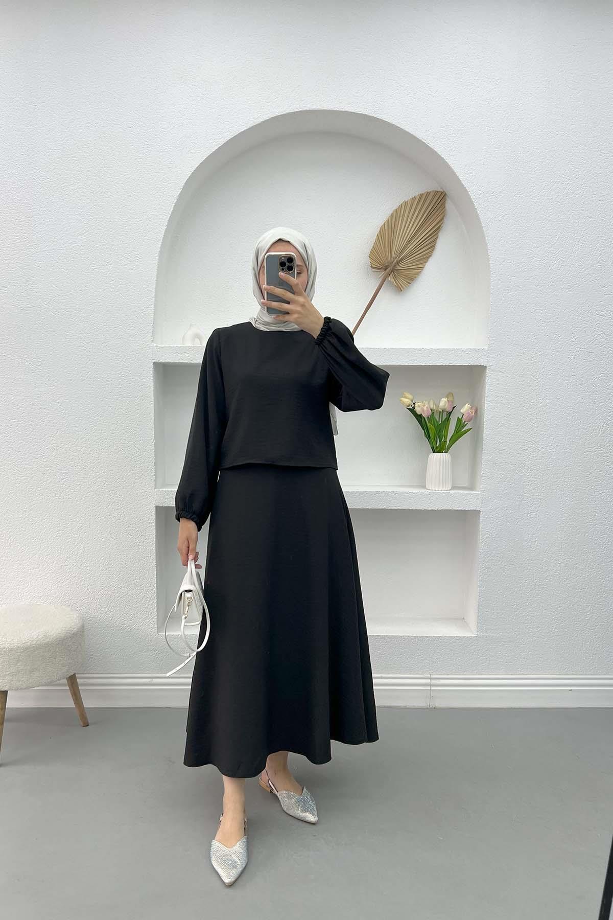 Crop Bluz Etek Takım Siyah