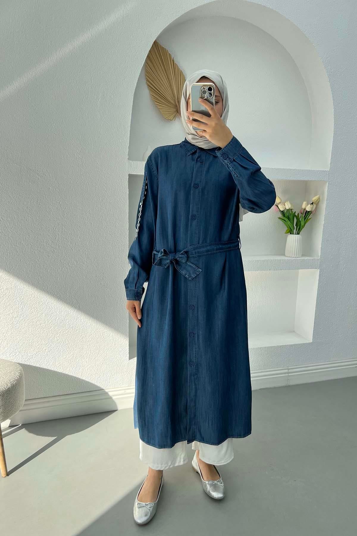 Damalı Tensel Tunik Koyu Mavi