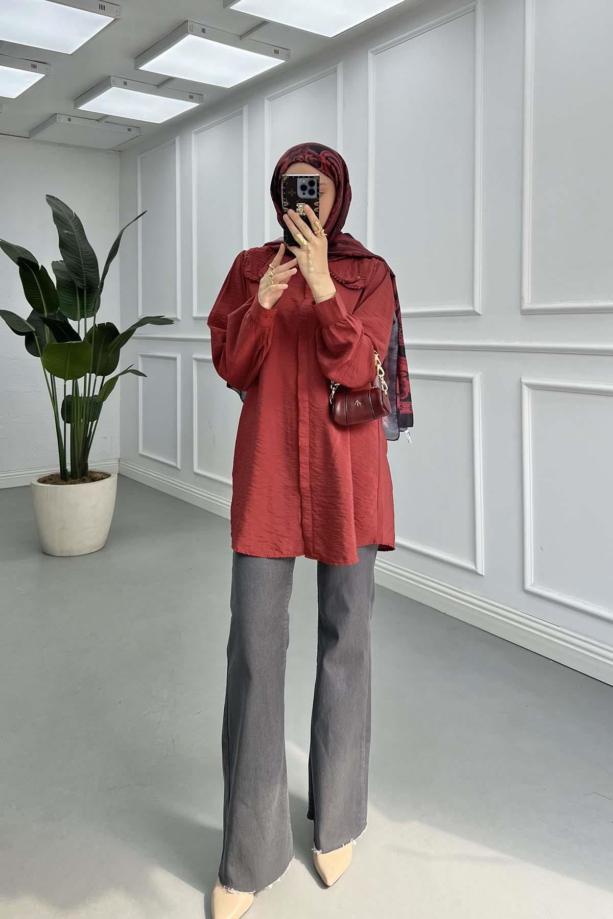 Dantel Detaylı Bebe Yaka Gömlek Bordo